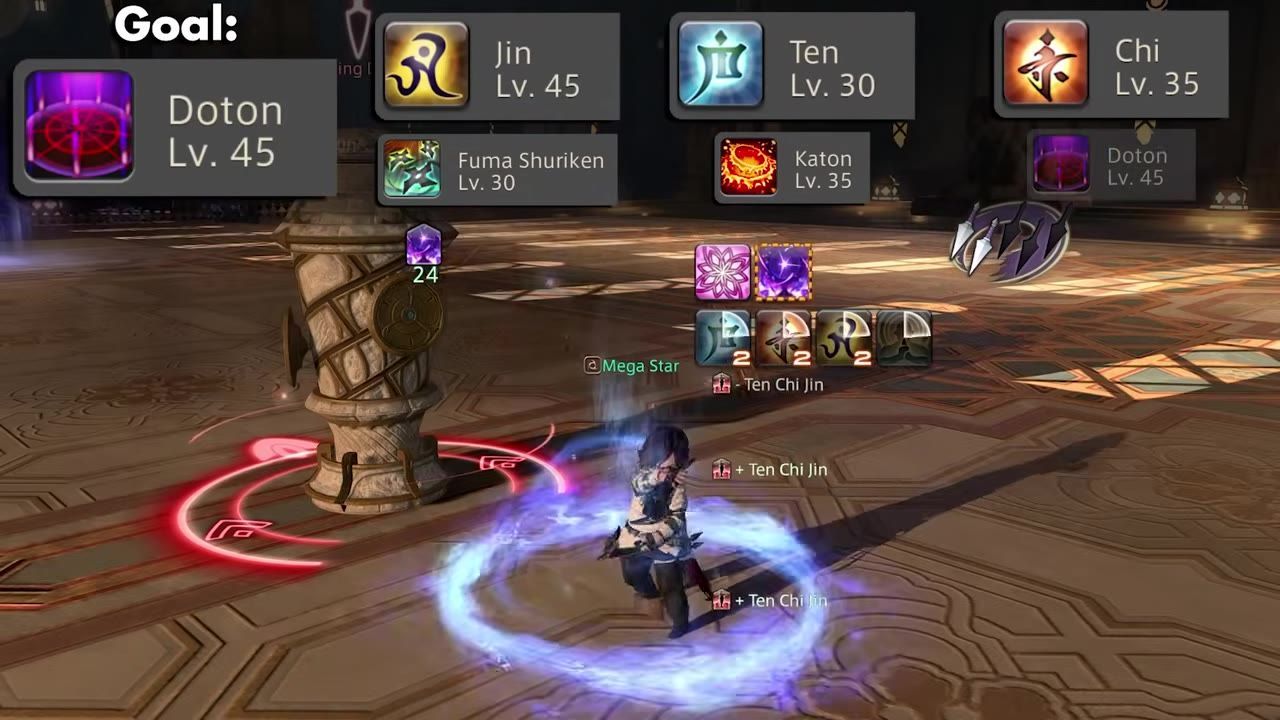 Character using the Ten Chi Jin combo, with abilities and effects visible.