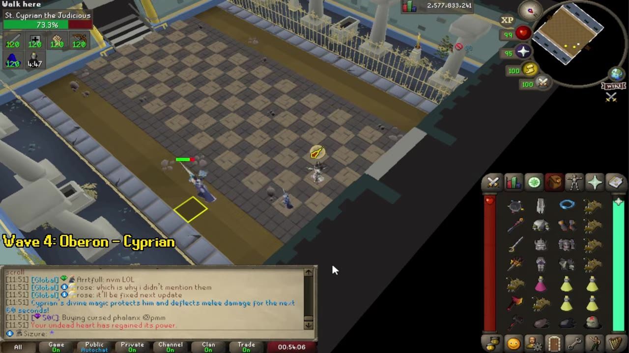 Player engages enemies in a grid-patterned room, with inventory visible.