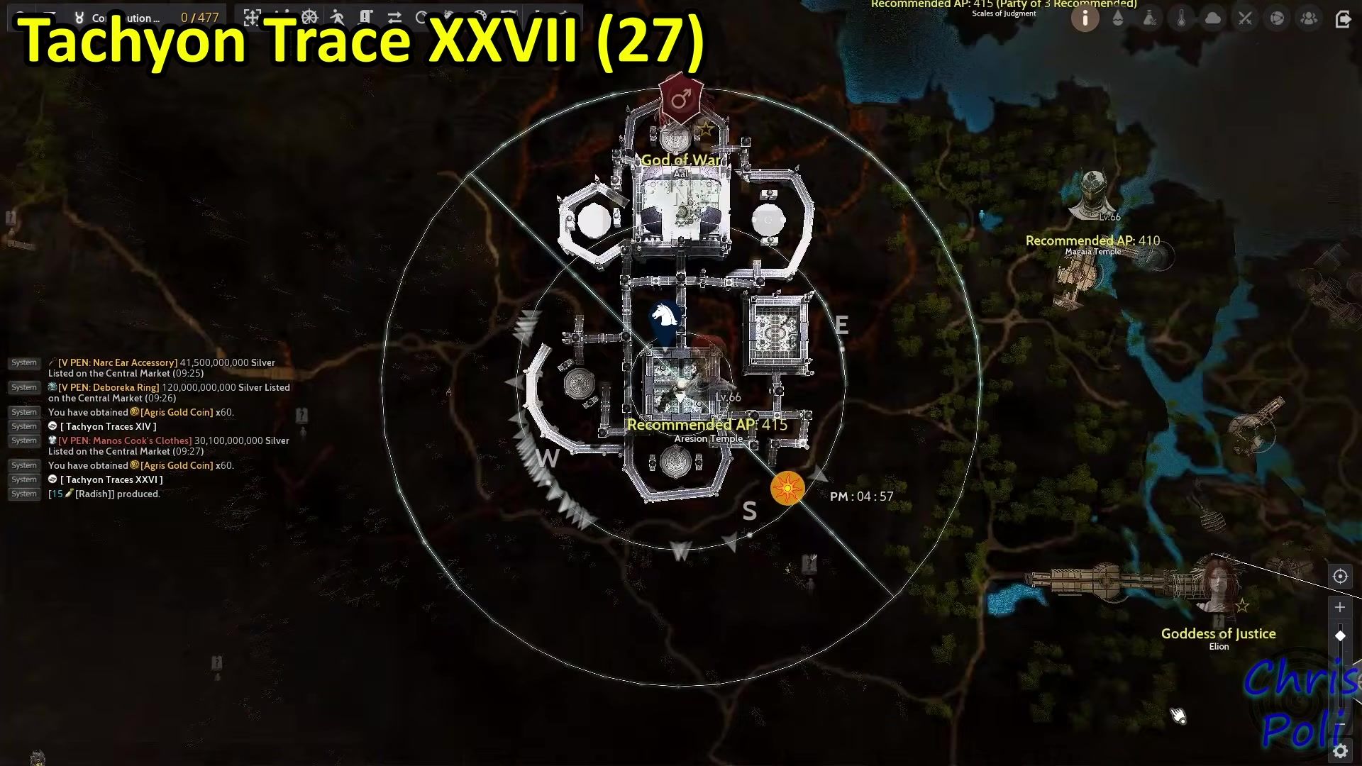 Black Desert world map of the Aresion Temple complex, with the player marker in the main hall and the God of War shrine to the north.