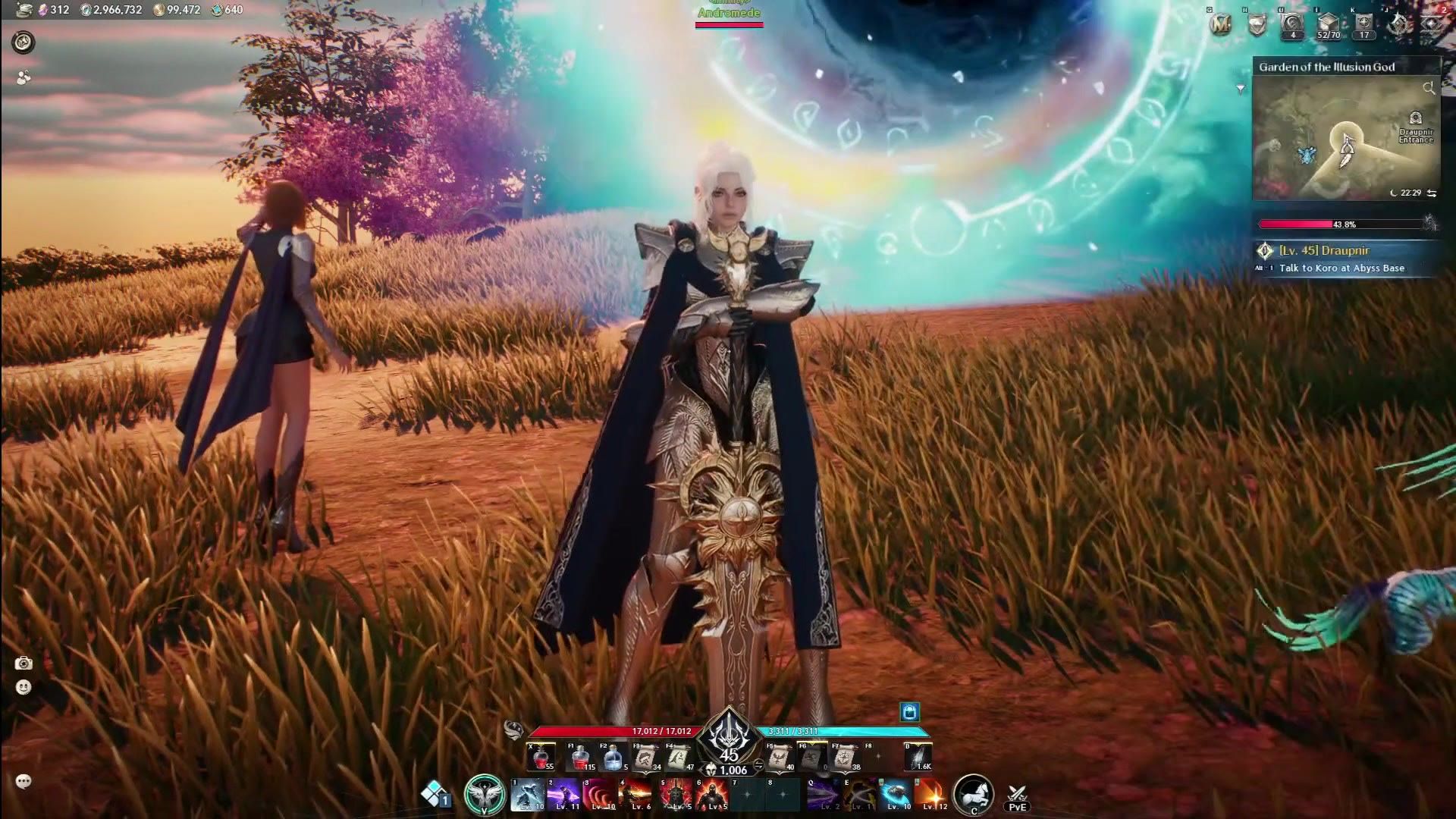 a level 45 character in the open world with the gear score shown directly under the level on the action bar
