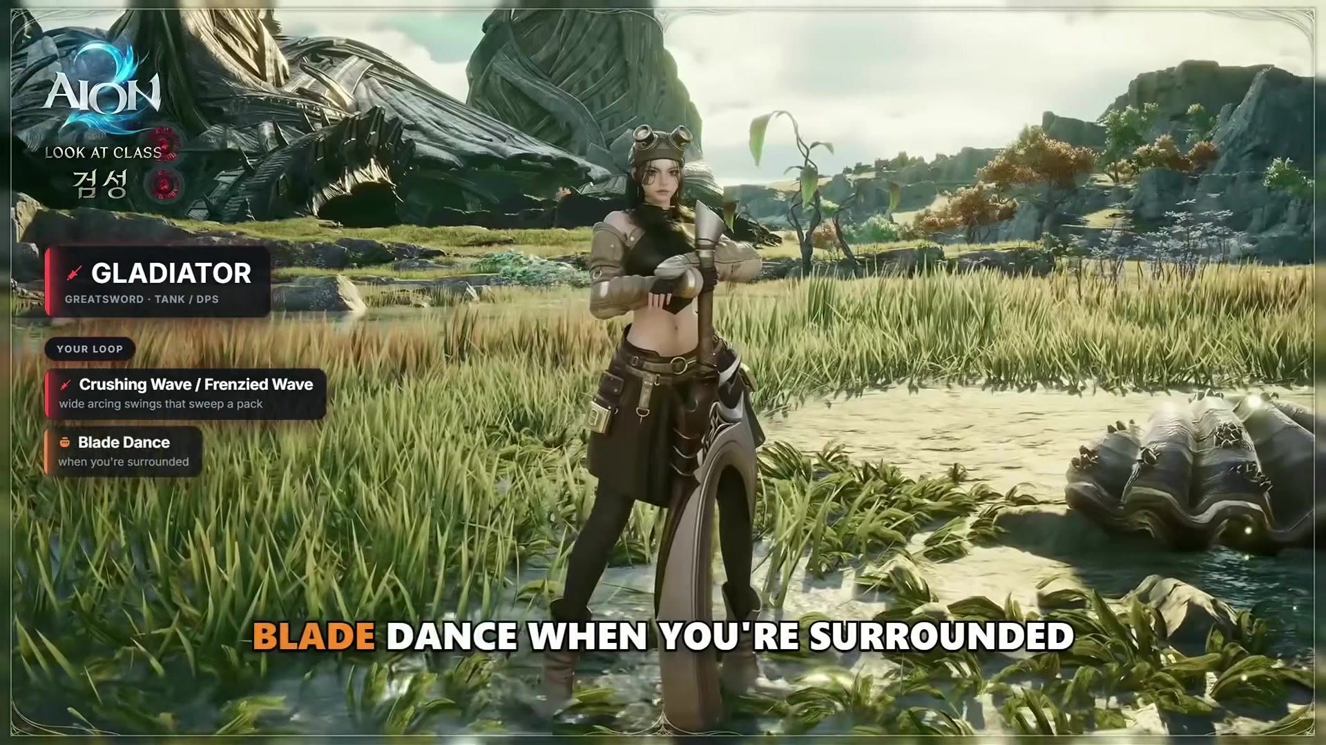 Gladiator overlay showing its greatsword tank/DPS role and the Crushing Wave, Frenzied Wave, Blade Dance combo loop