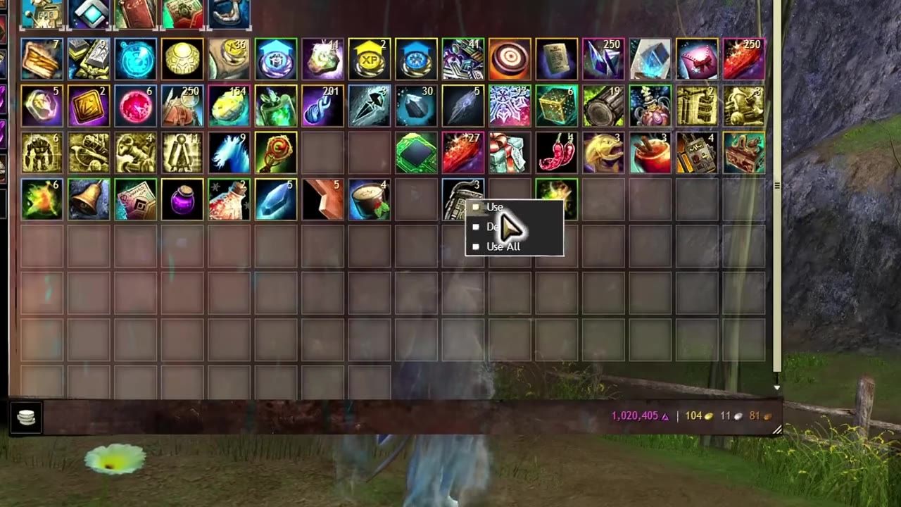 An inventory interface with various items, a tooltip displaying options including 'Use All.'