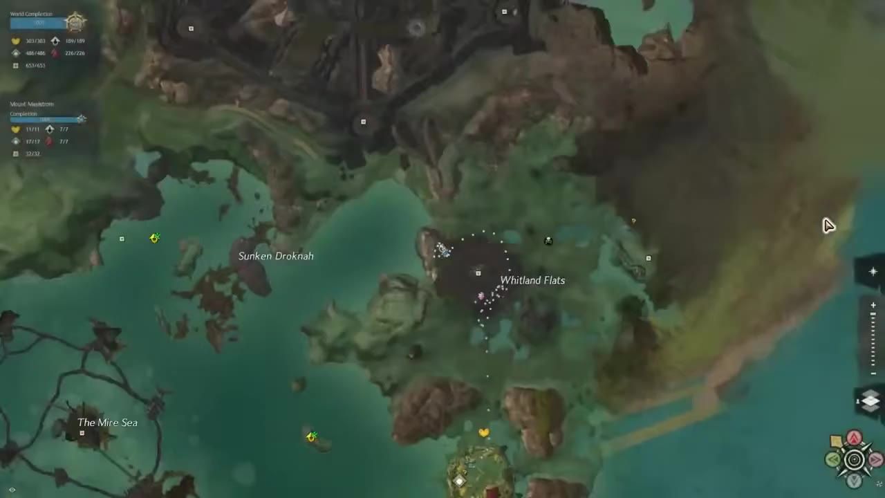 A world map view with terrain, labeled locations, and various icons displayed.