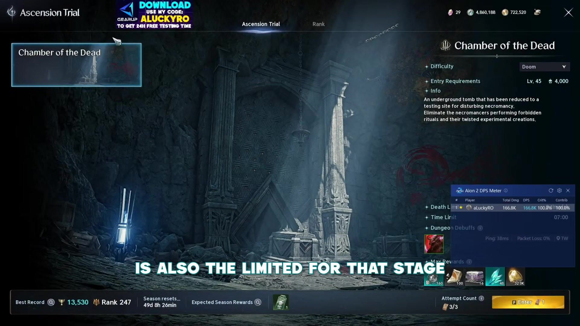 the Ascension Trial menu showing Chamber of the Dead's level 45 entry requirement and Doom difficulty setting