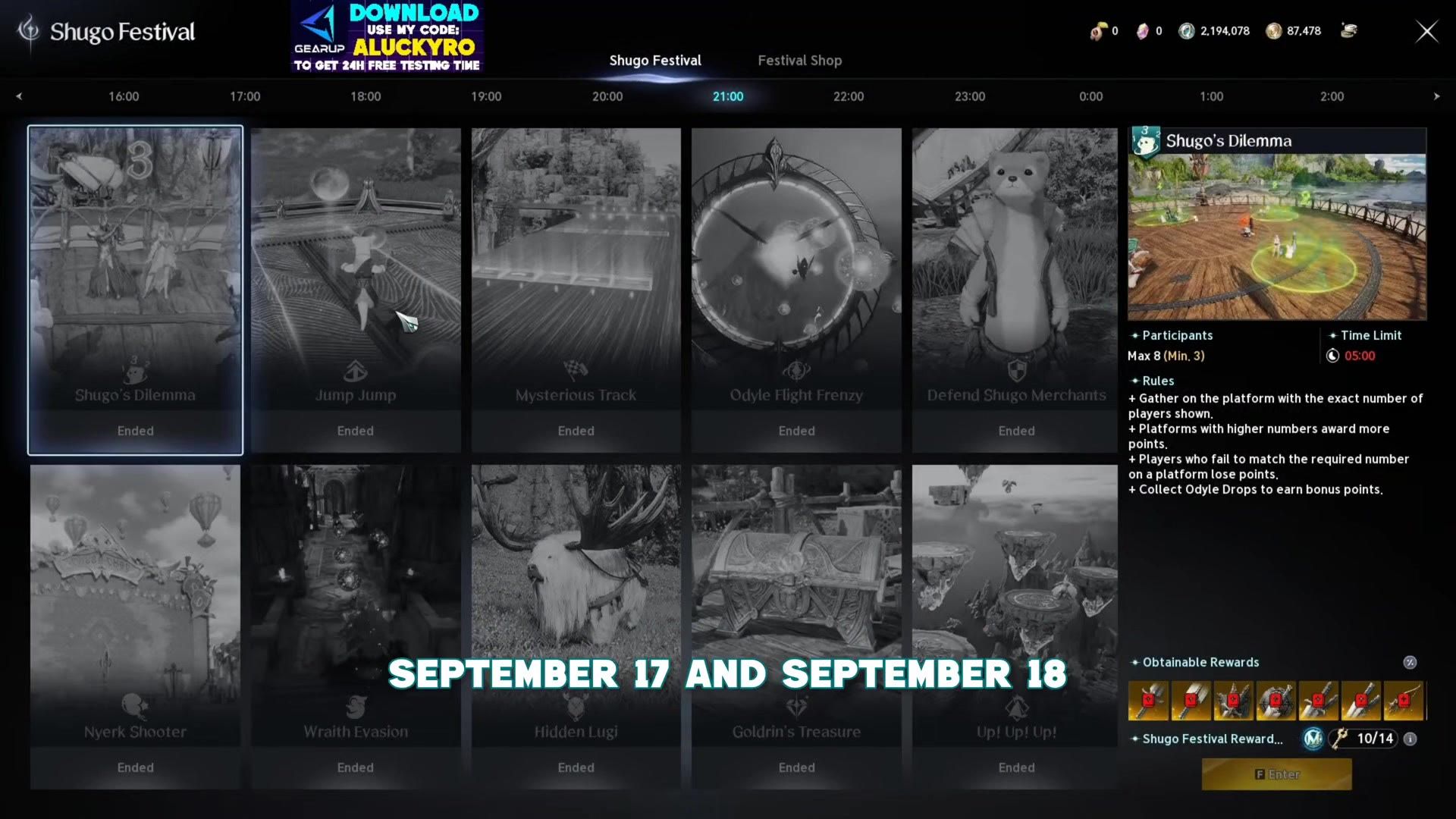 the Shugo Festival minigame selection screen with its keys counter