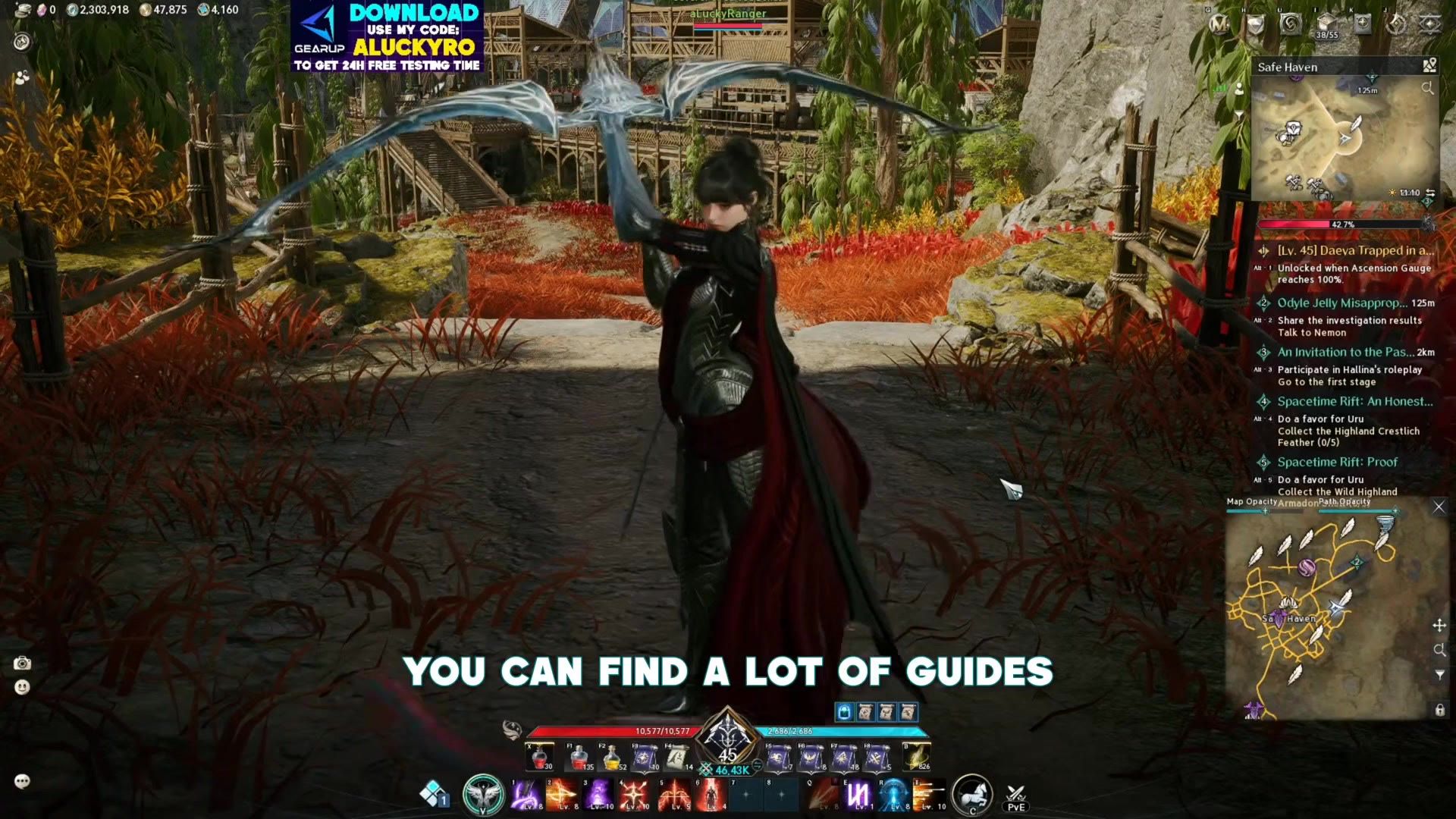 the character in the open world at level 45, bow drawn, with the quest tracker and minimap on screen