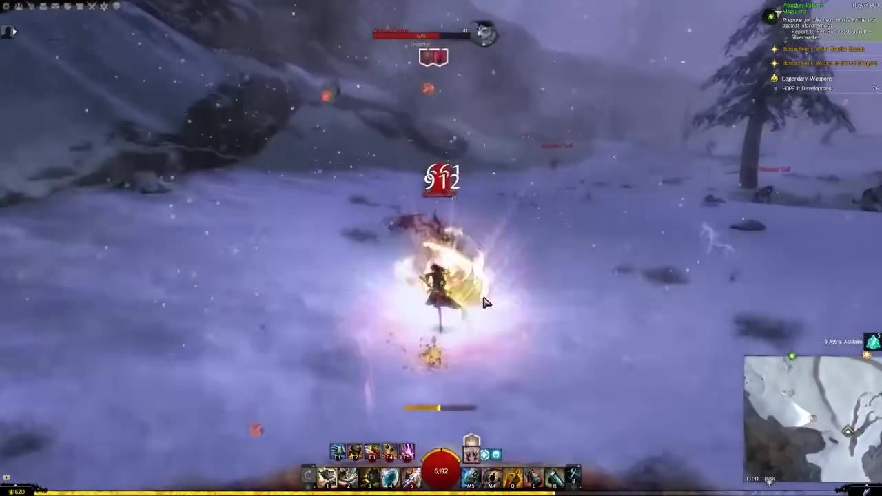 A gameplay scene showing a character battling in a snowy area with a visible skill bar.