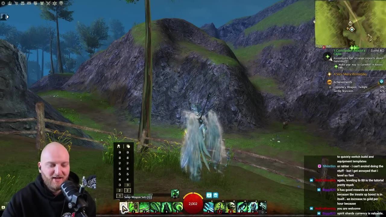 A gameplay scene showing terrain, interface elements including skill slots, and the weapon swap icon.
