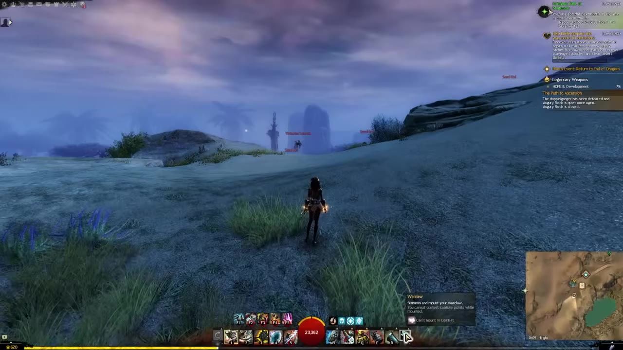 Game interface showing character in open terrain with a visible mount button on the HUD.