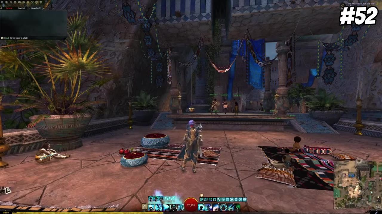 A Guild Wars 2 scene showing the game's UI, including the chat box and character ability bar.