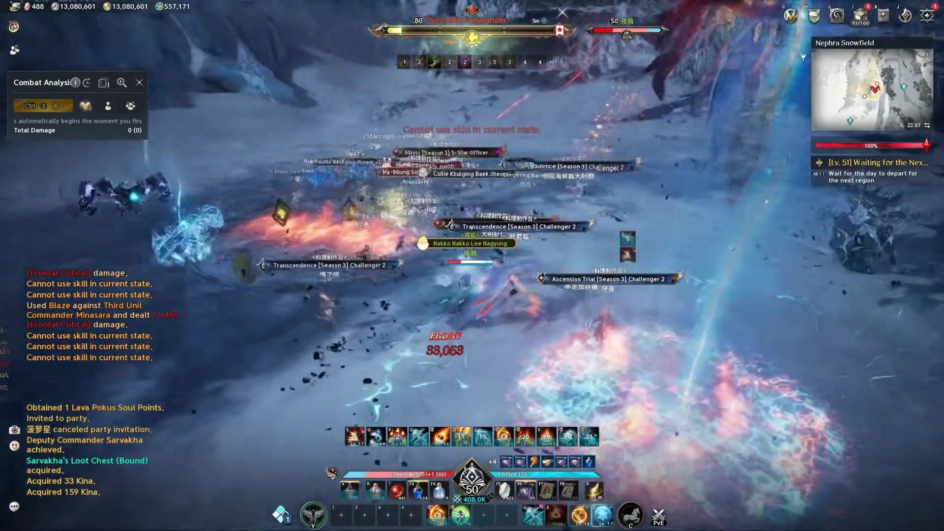 players fighting the field boss Third Unit Commander Minasara in Nephra Snowfield, its health bar and combat log visible