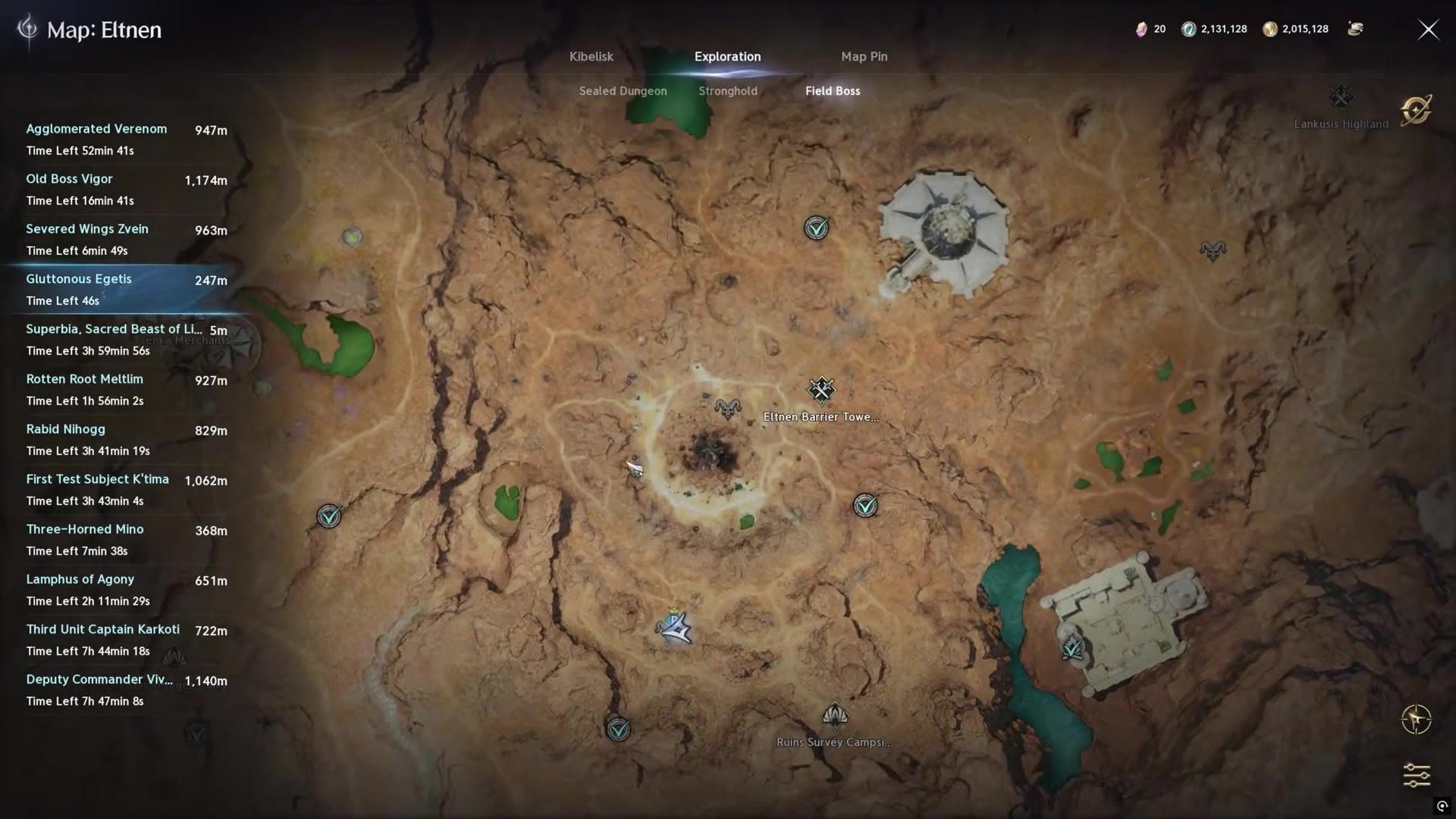 the Map: Eltnen screen with the Field Boss tab open, listing boss names, distances and time-left timers