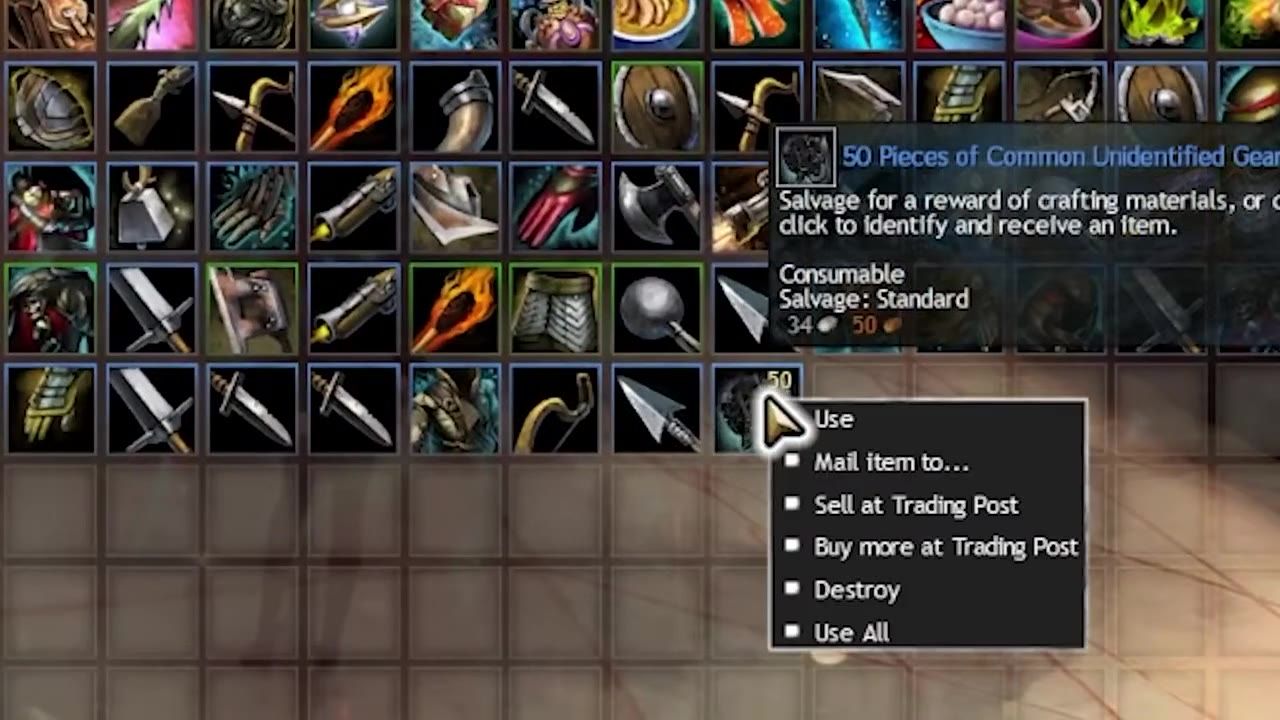 An inventory grid showing various items with a focus on '50 Pieces of Common Unidentified Gear'.