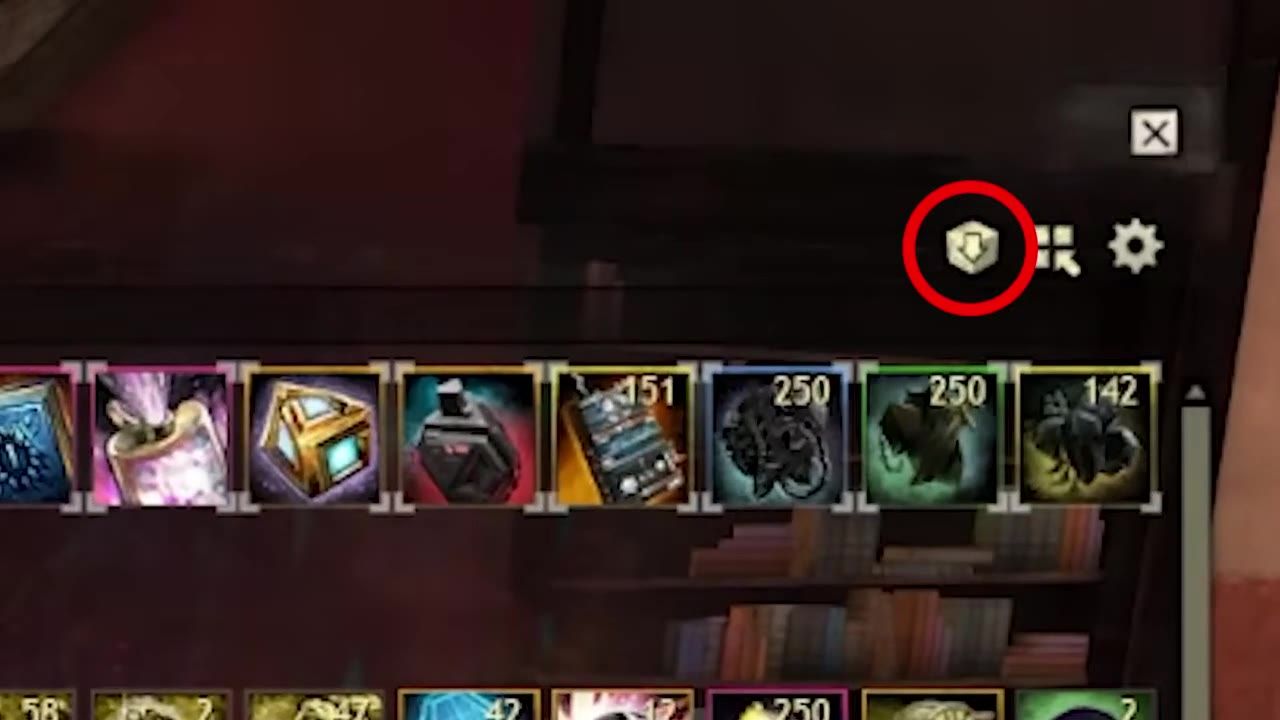 A highlighted deposit button in a game interface with inventory items.