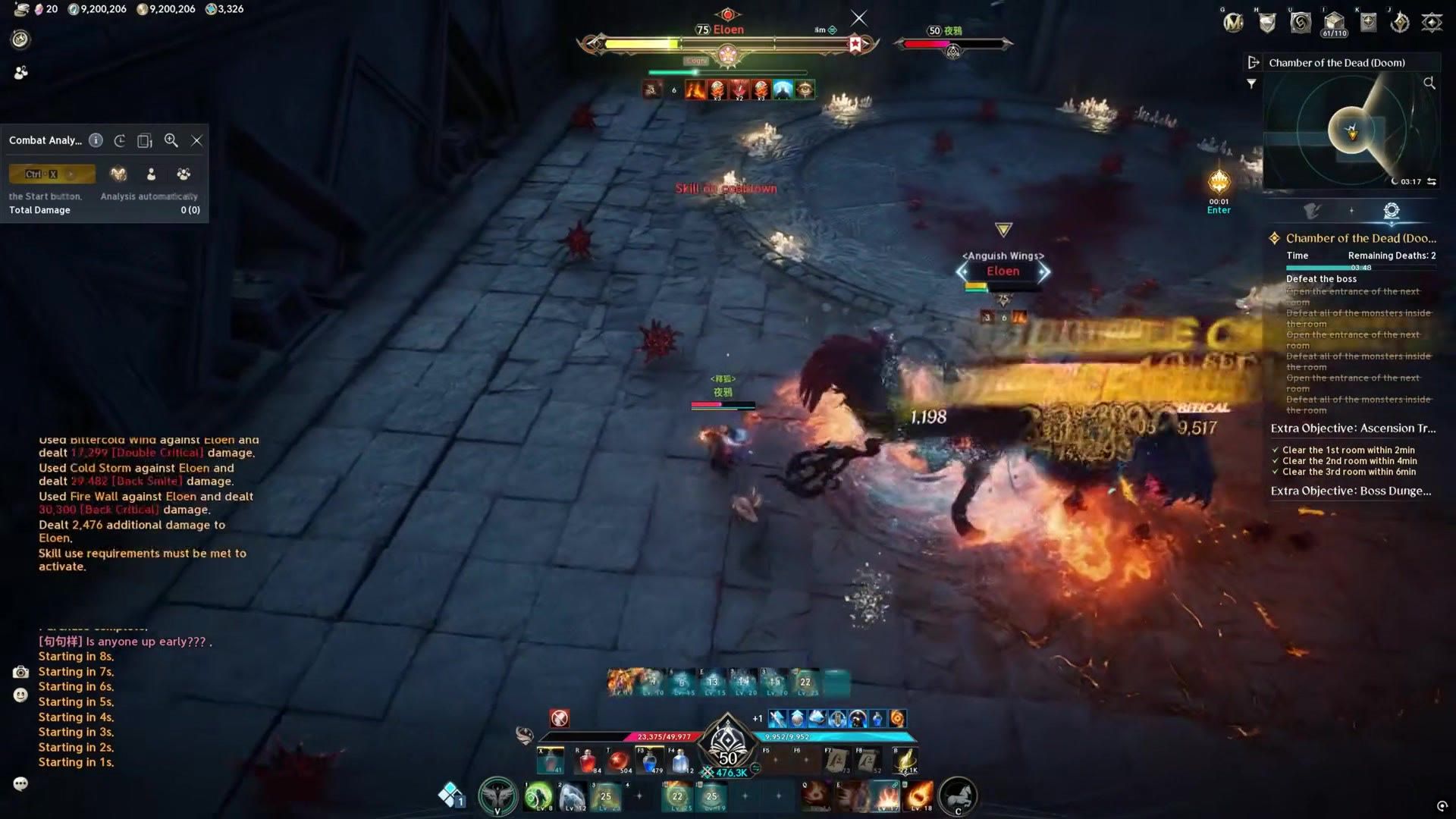 Ascension Trial combat against the boss Eloen, with room-clear timers and a remaining-deaths counter in the sidebar