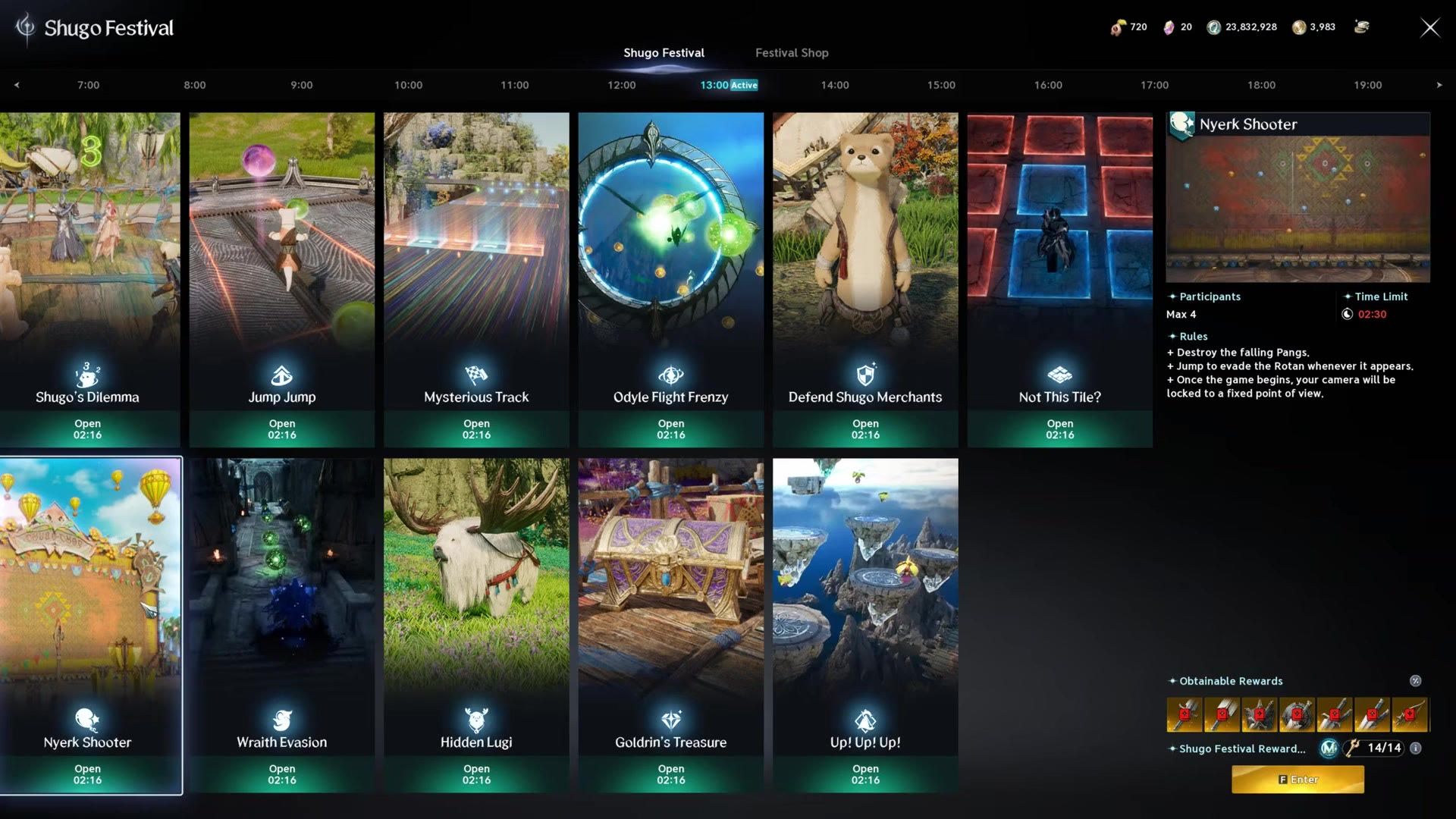 the Shugo Festival minigame selection menu at the top of the hour