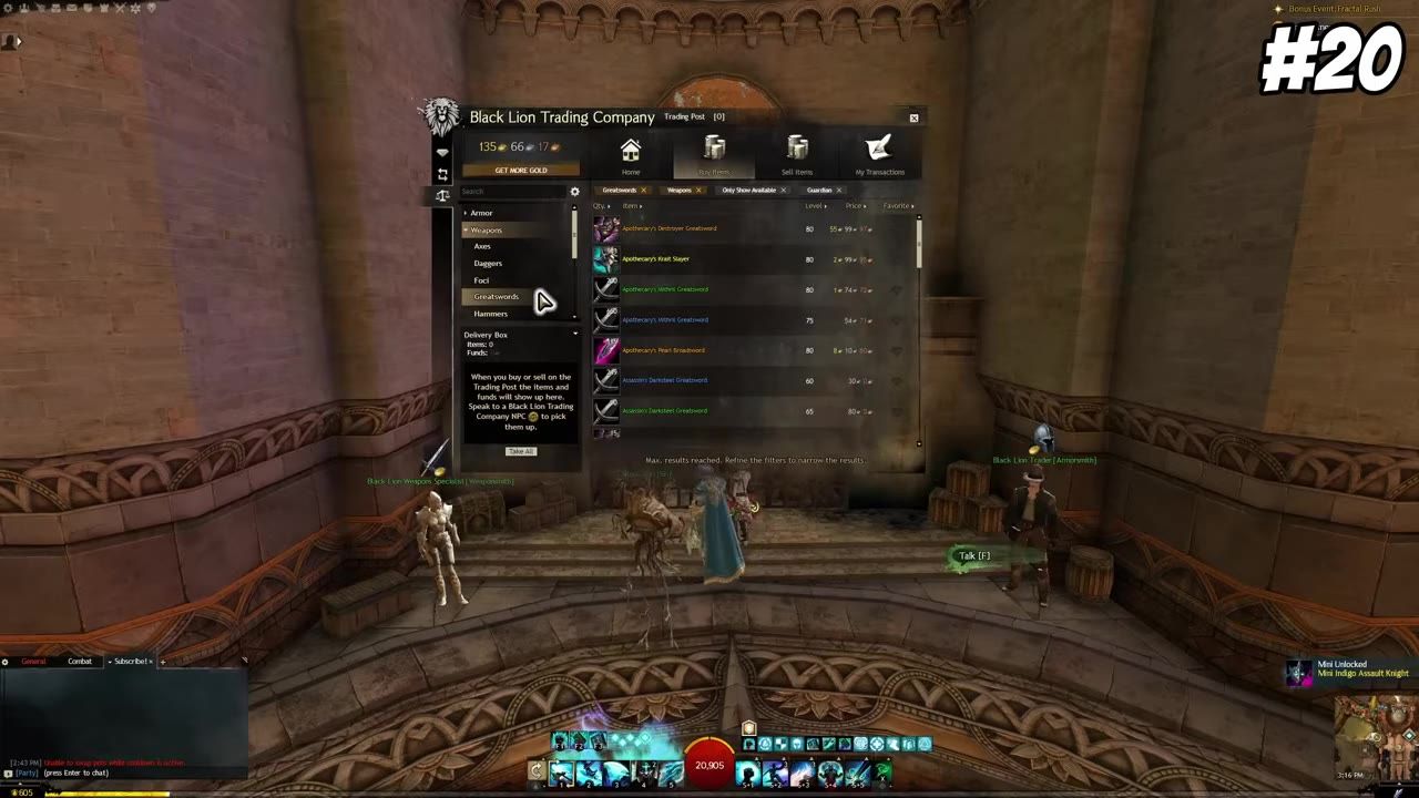 A game screen showing the Trading Post interface listing various greatswords available for purchase.