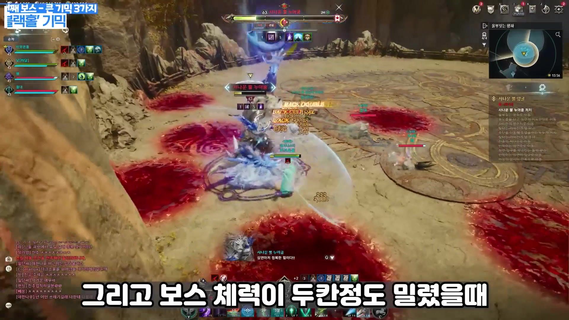 the arena floor covered in red ground hazards, with an on-screen label for the Black Hole mechanic that triggers around two health bars left