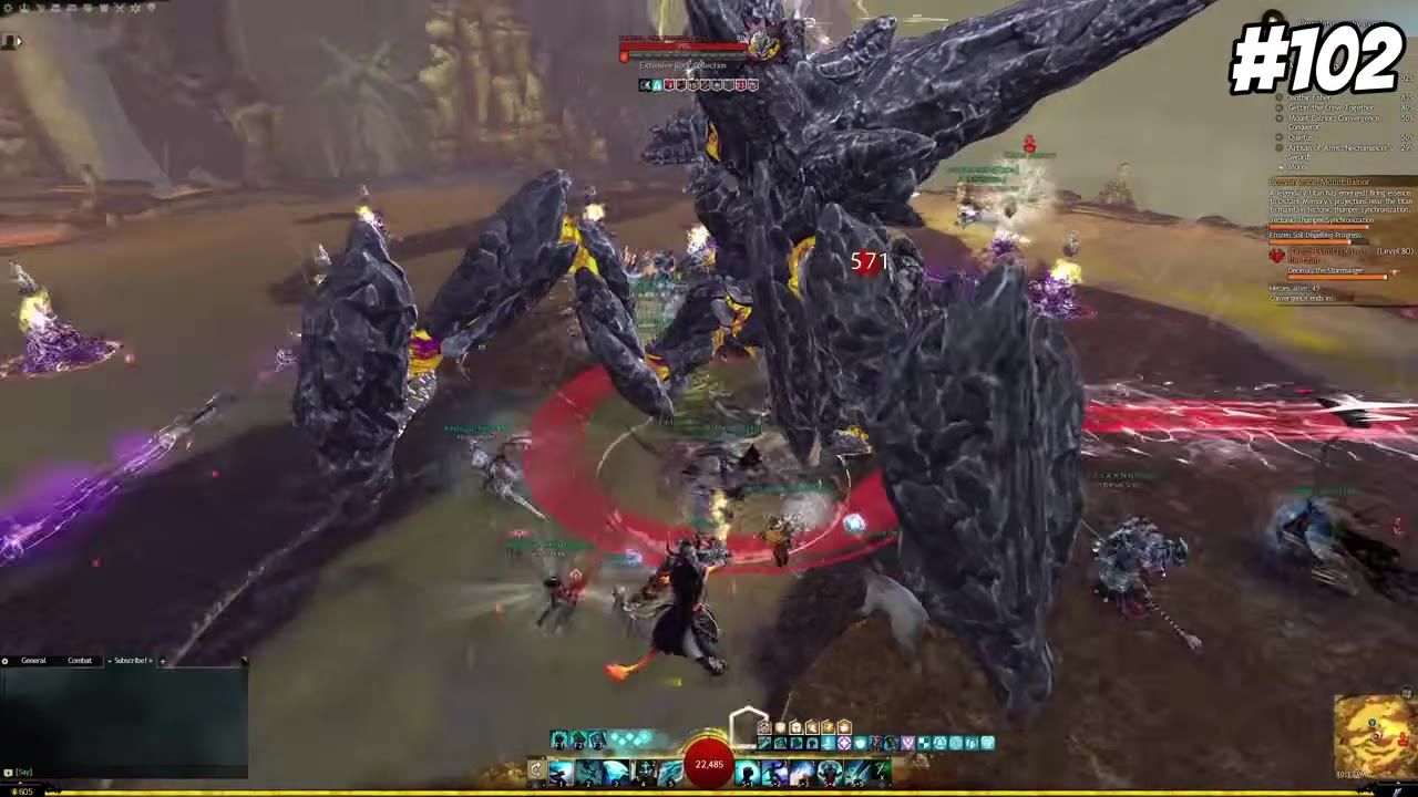 Group of players fighting a large stone enemy with visible combat indicators and boons.