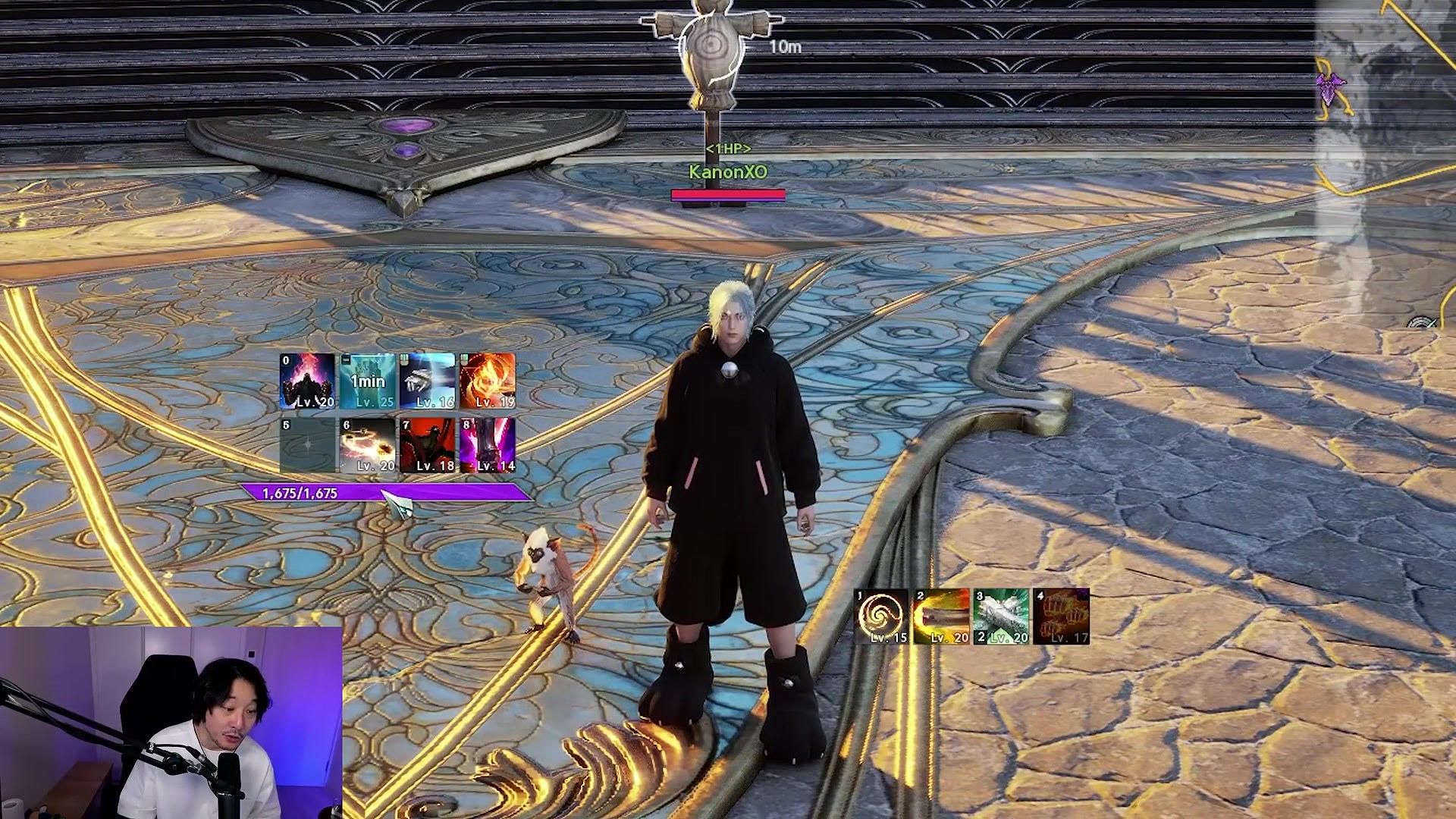 testing a skill chain on a practice dummy marked at 10m range, with KanonXO's health at 1 HP