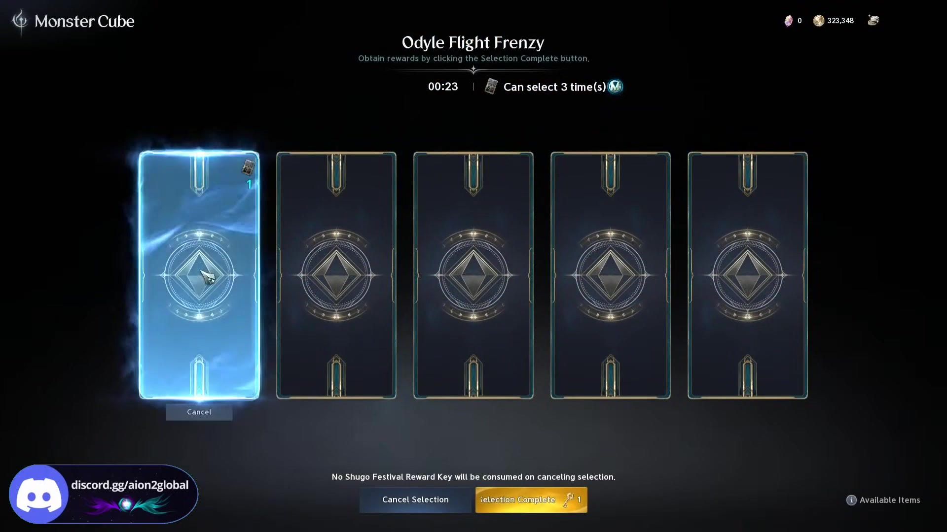 the Odyle Flight Frenzy card-selection screen, choosing one of five face-down cards with a Shugo Festival key