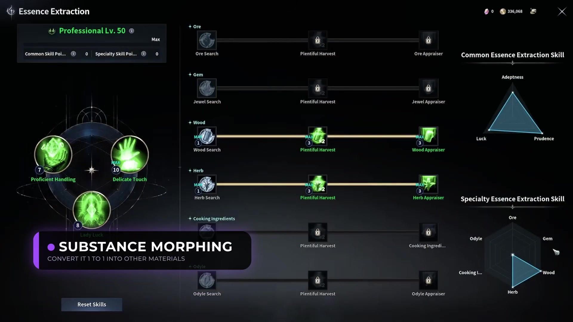 the Essence Extraction skill tree with Common and Specialty branches for ore, wood, herb and Odyle, plus Substance Morphing