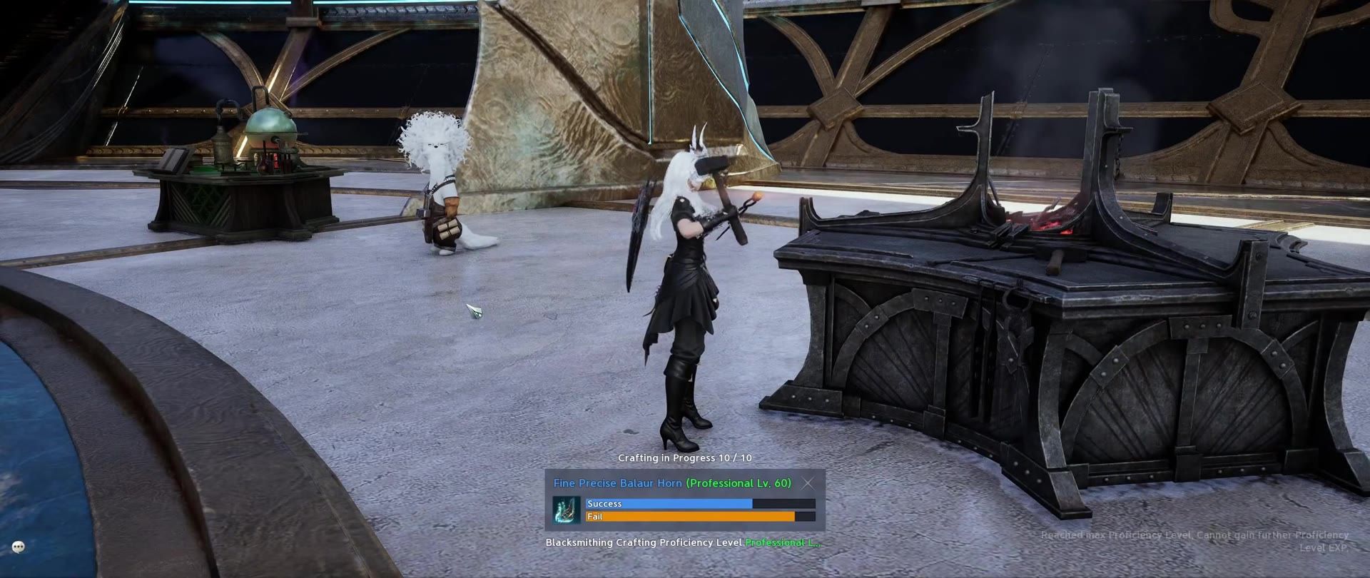 a Blacksmithing forge showing Crafting in Progress and the Success/Fail bar for a Fine Precise Balaur Horn
