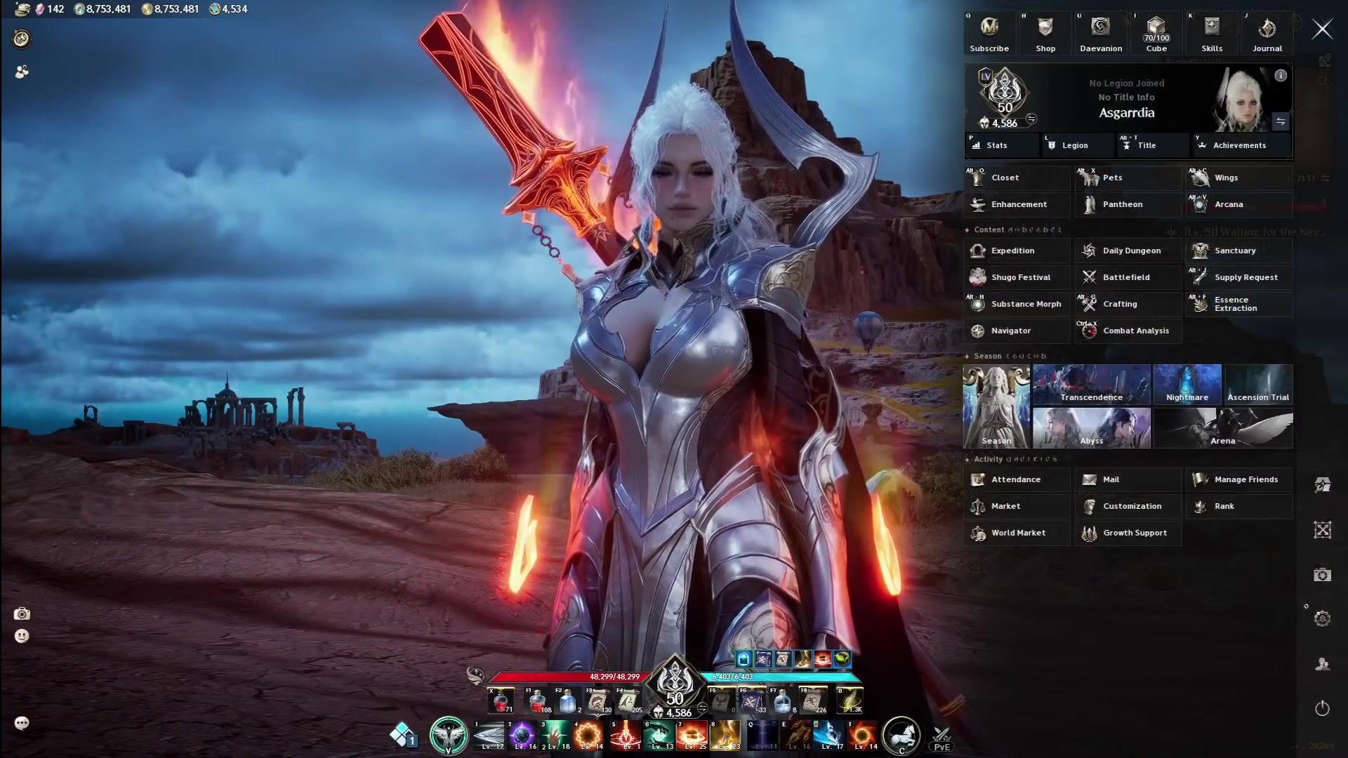 the character menu overlay listing account tabs including Pets, Wings, Expedition, Daily Dungeon, Abyss and Arena