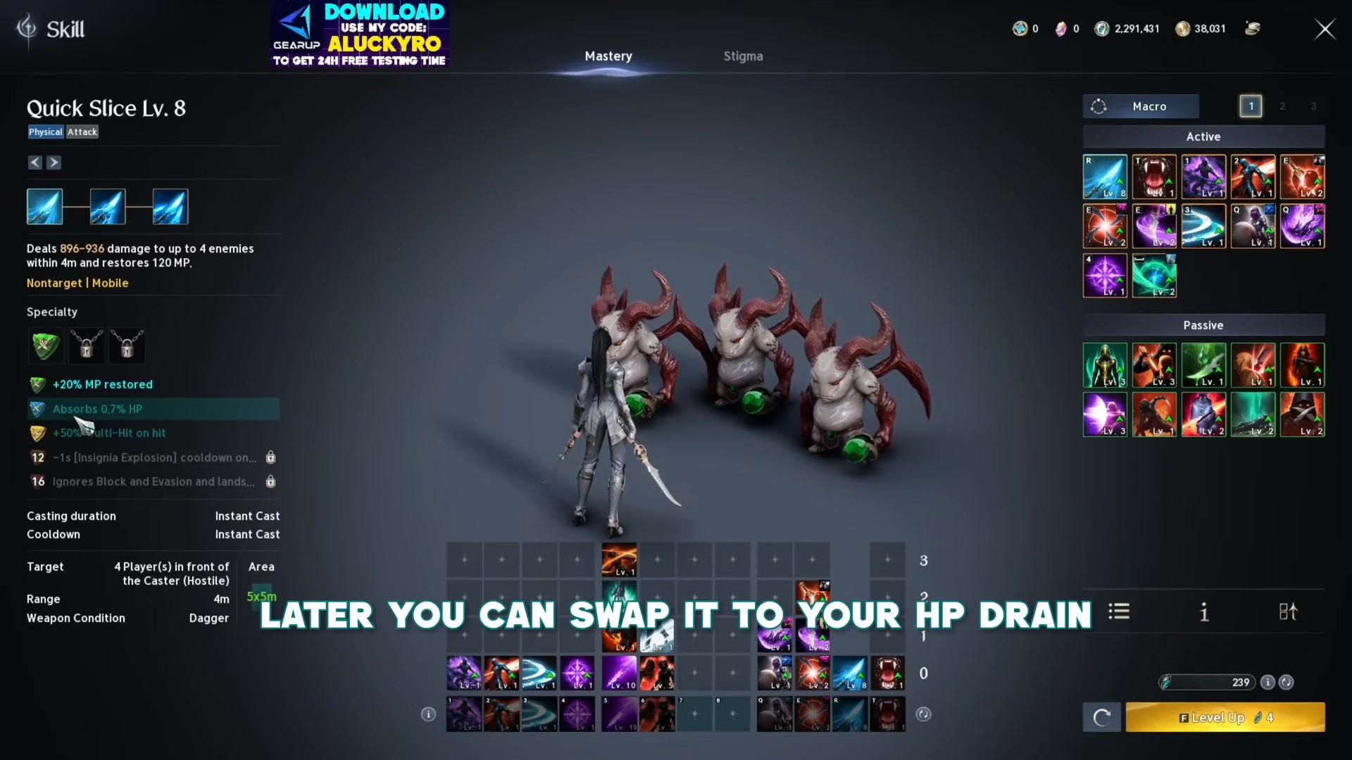 the Quick Slice skill page with the plus twenty percent MP restored specialty selected