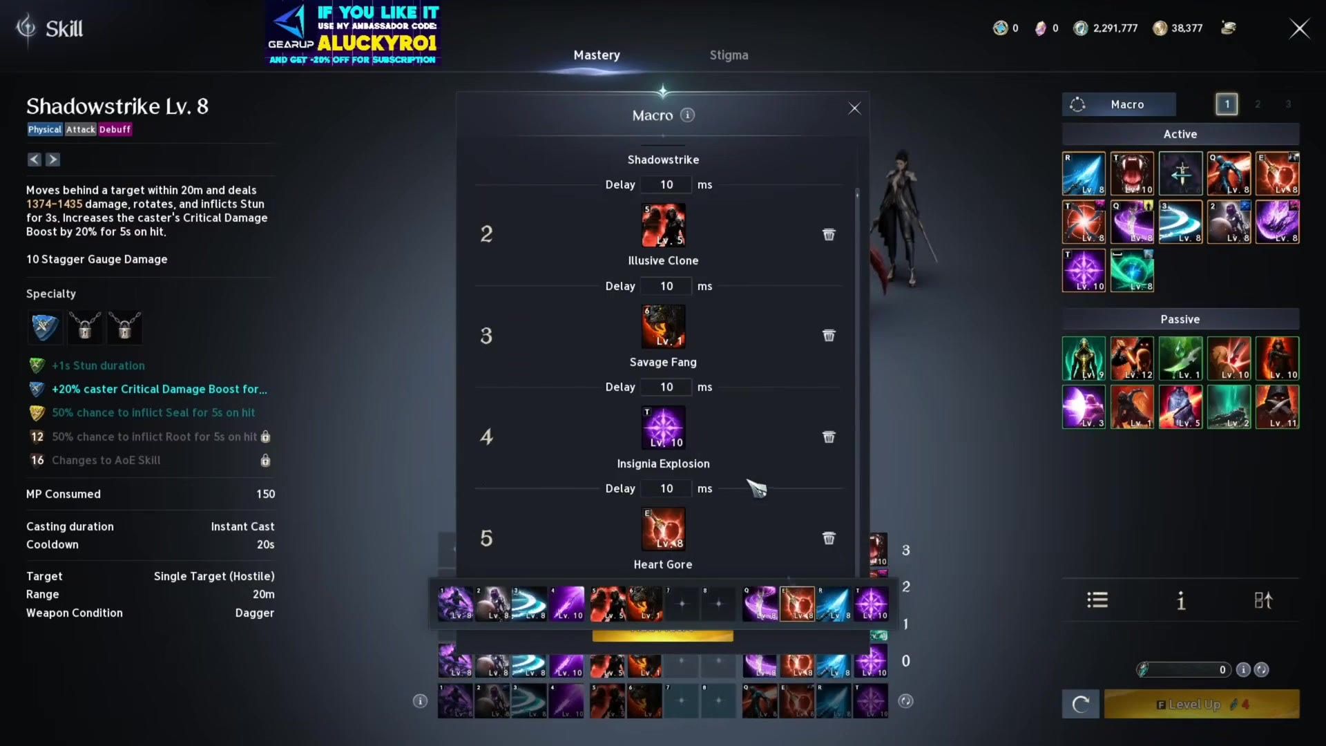 the in-game macro editor holding a five step chain with a ten millisecond delay on each step