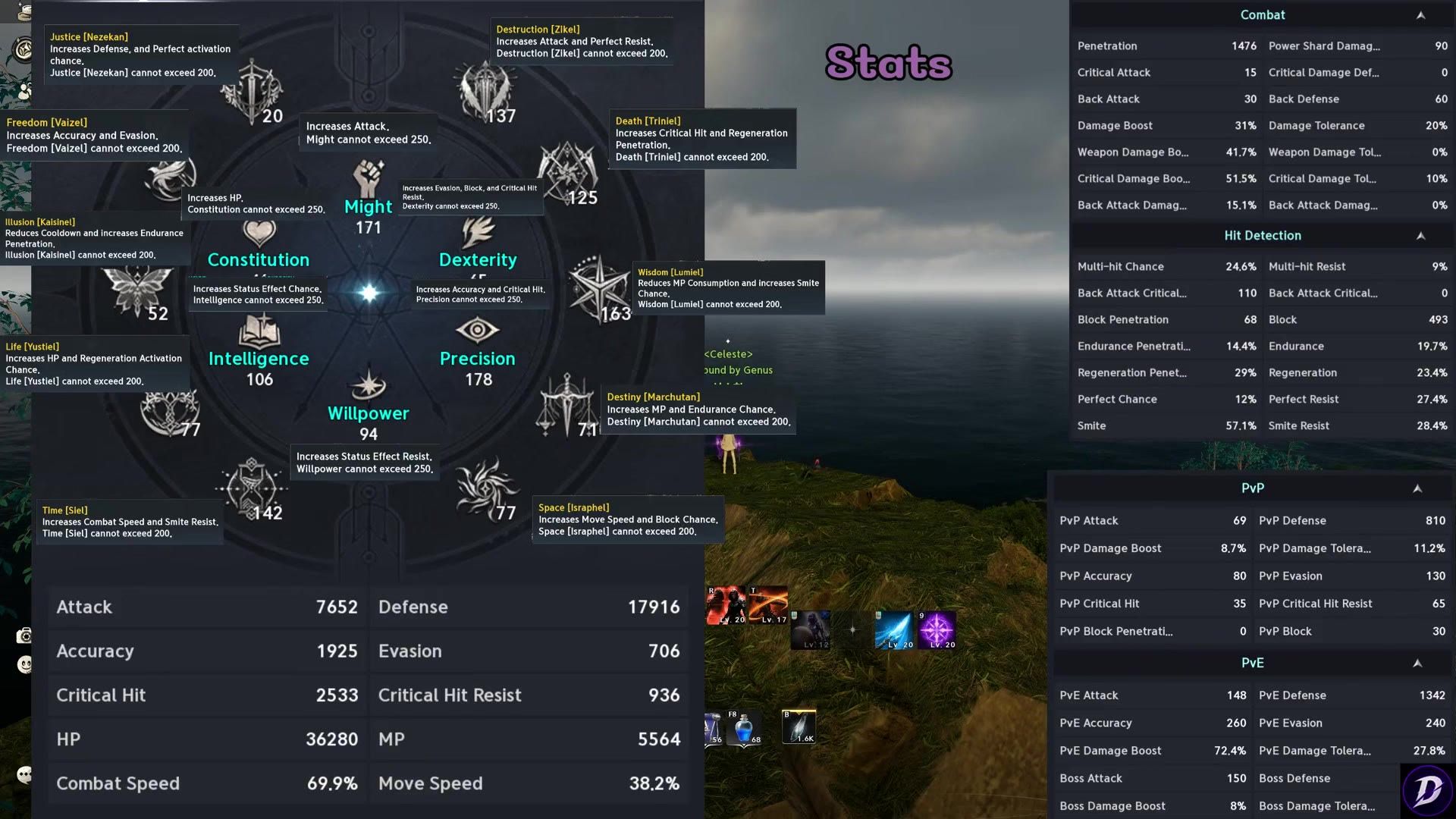 the character stats window with the combat stat list including Smite