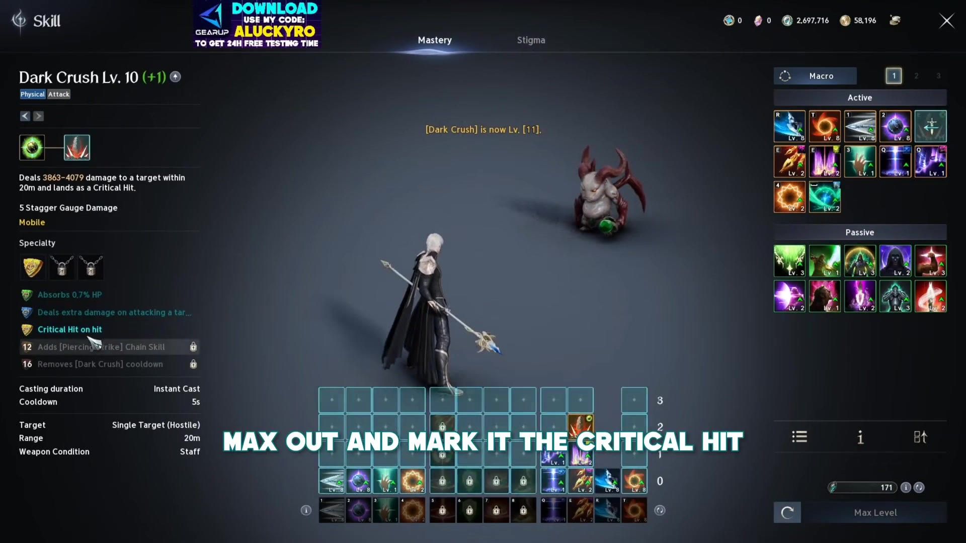 the Dark Crush skill page at level 10 with its specialty list open
