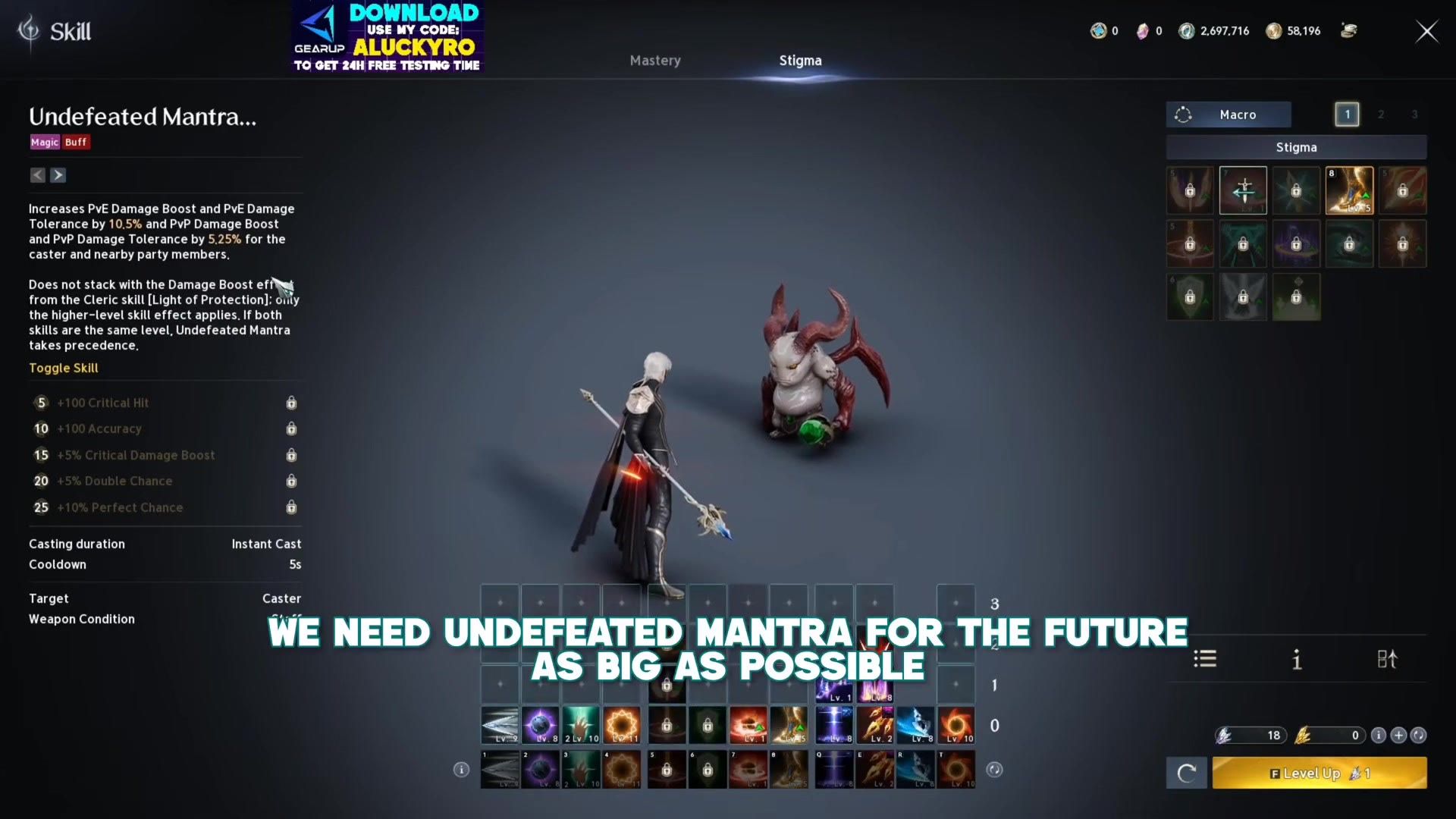 the Undefeated Mantra stigma page with its damage boost and tolerance figures