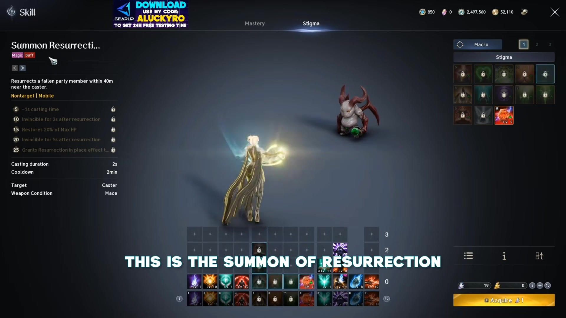 the Summon Resurrection stigma page with the resurrection effect on screen