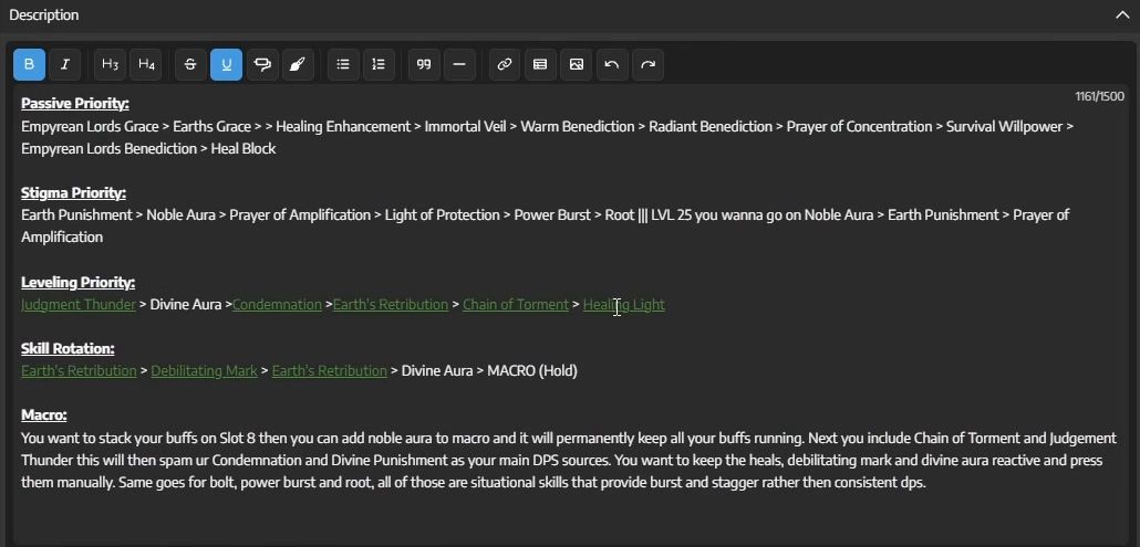 MrRosaPony's written priorities for a PvE Cleric: passives, stigmas, the order to max the active skills, the rotation and the macro