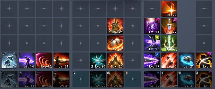the skill bar for the Gladiator, with the level shown on every slot
