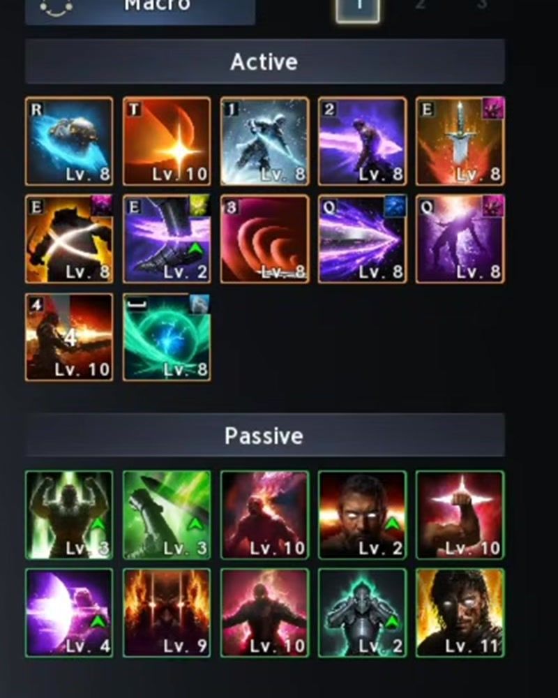 the Gladiator skill window at level 45, with the level of every active and passive skill