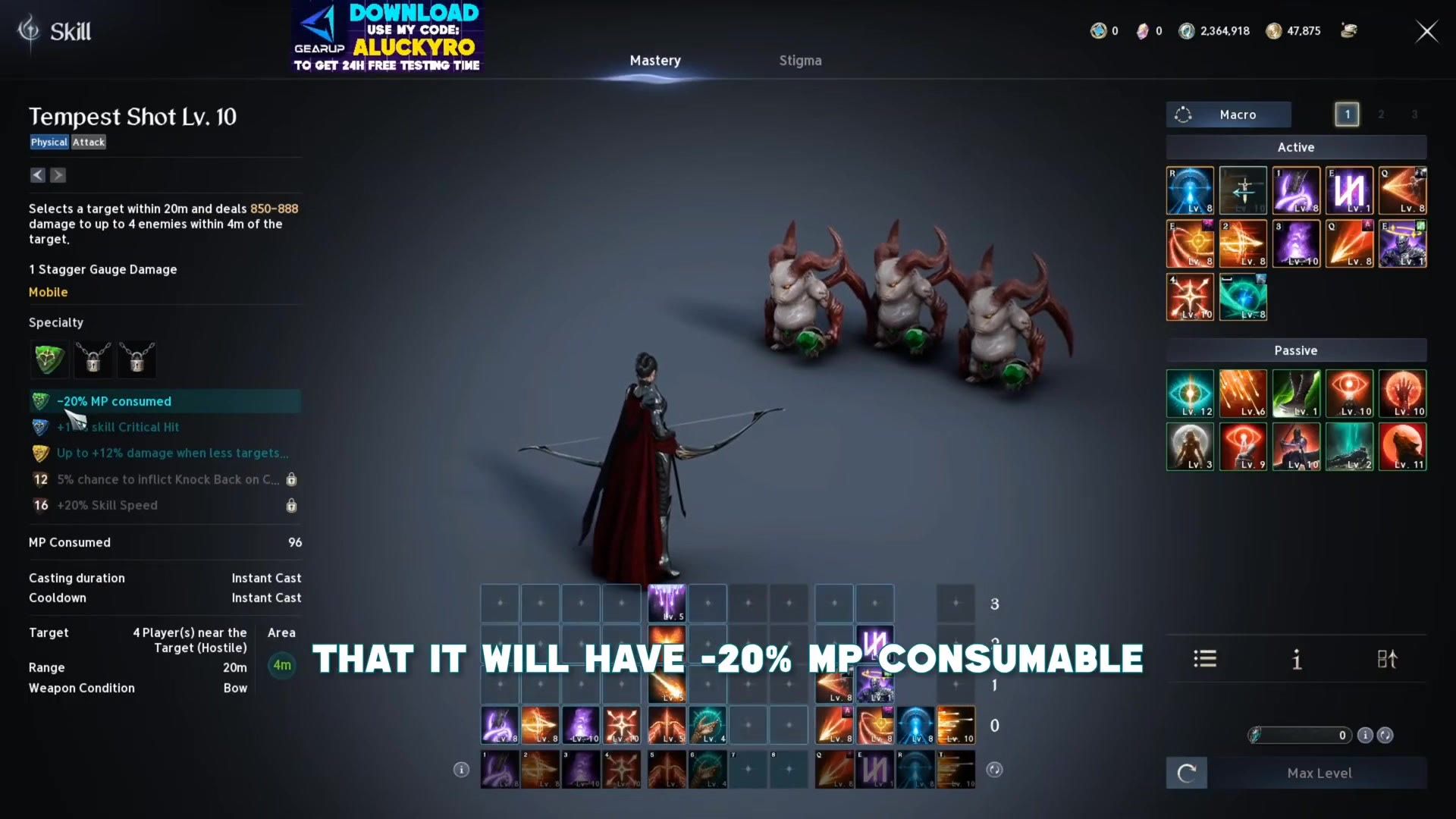 the Tempest Shot skill page with the minus twenty percent mana consumed specialty selected