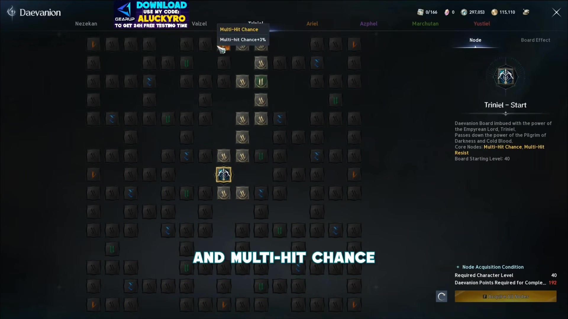 the Triniel Daevanion board with a multi-hit chance node tooltip open