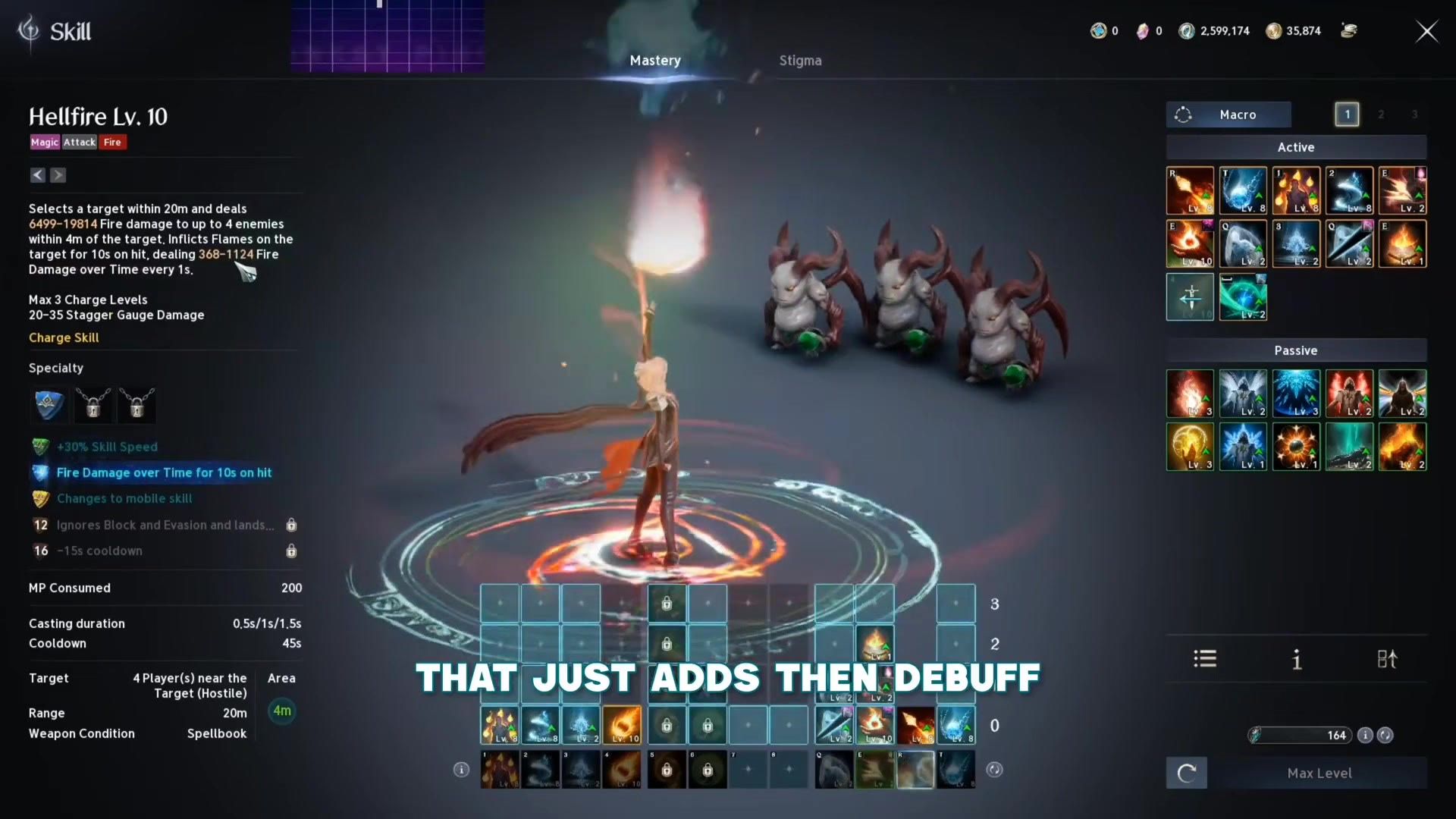 the Hellfire skill page with the fire damage over time specialty selected