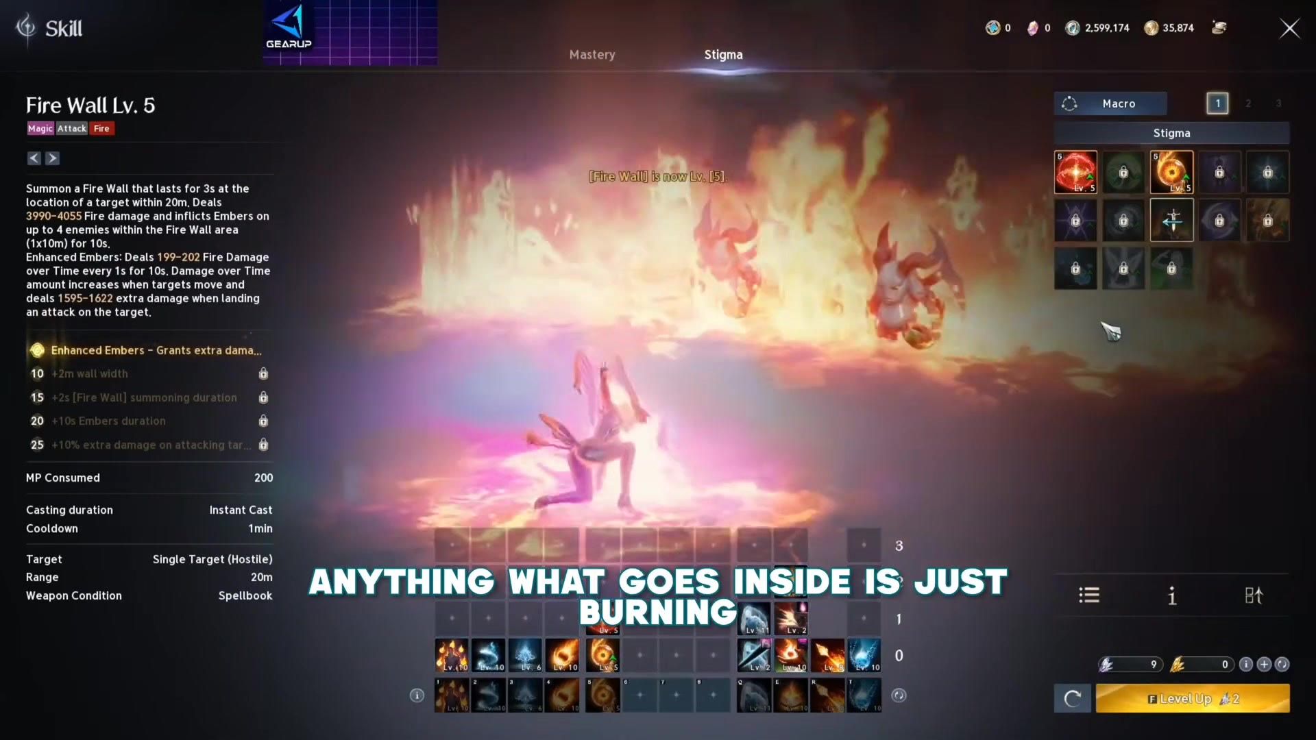 the Fire Wall stigma page with the burning field it leaves on the ground