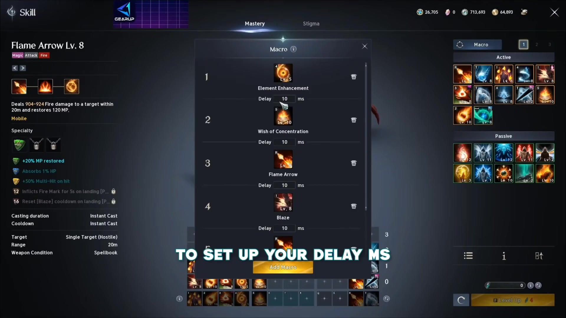 the macro editor holding four steps each set to a ten millisecond delay