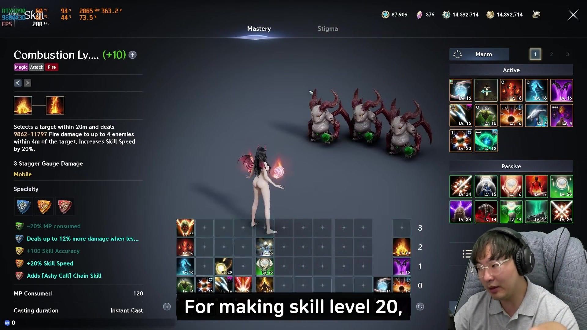 Storyteller's Spiritmaster skill window with Combustion and Elemental Fusion at 20, most other actives at 16, and the Combustion page open