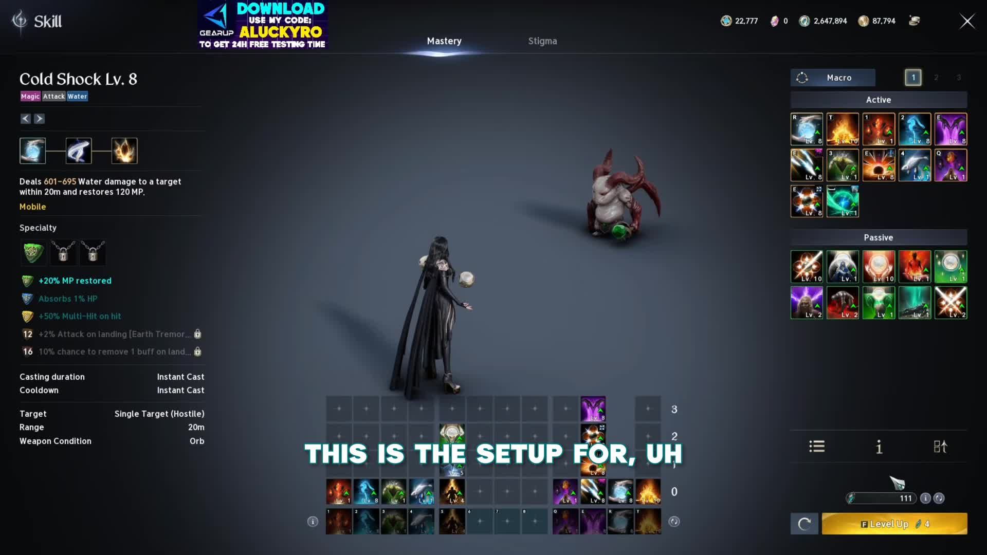 the Spiritmaster skill window of a level 37 build, with Combustion at 10 and Cold Shock, the Water Spirit and four other actives at 8