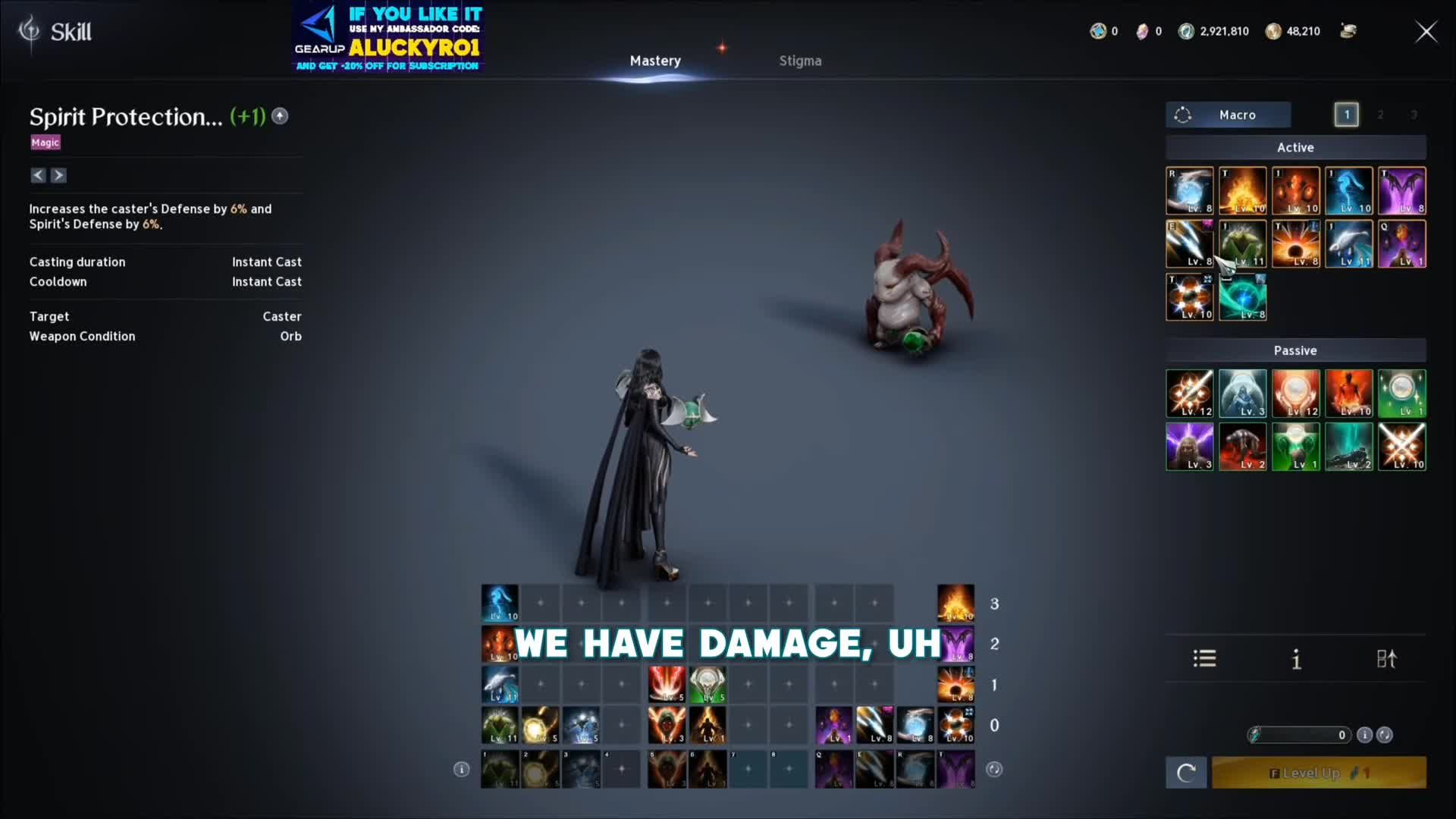 the Spiritmaster skill window at level 45, with the level of every active and passive skill