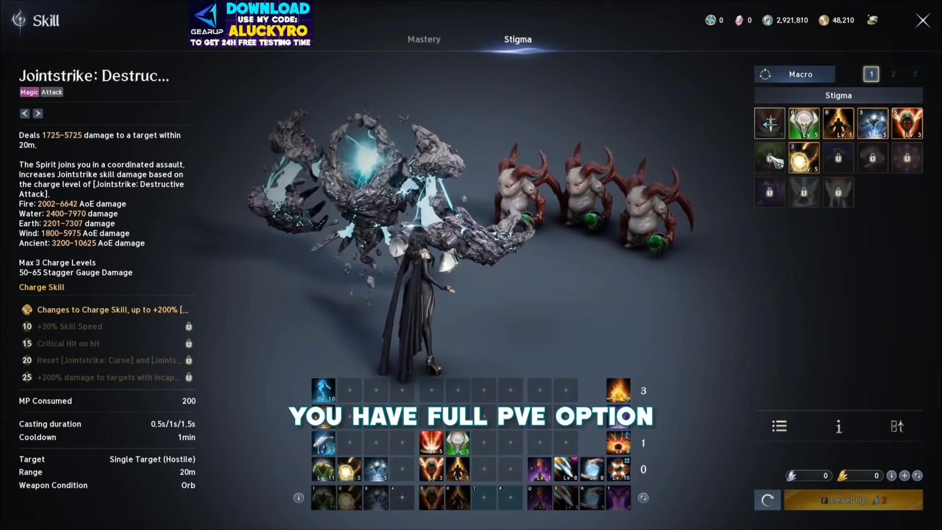 the Jointstrike: Destructive Attack stigma page listing its charge levels and the damage for each spirit