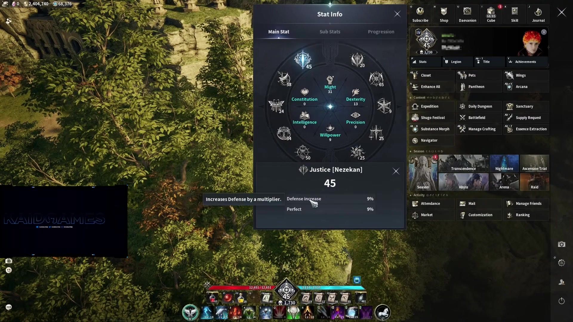 the stat window with the main stat wheel open