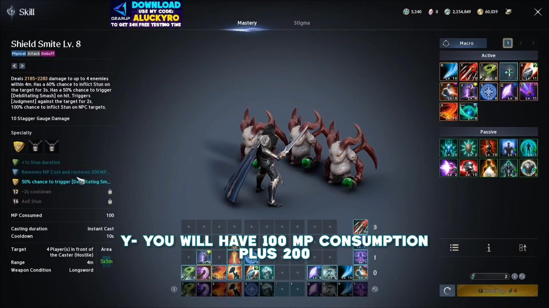 the Shield Smite skill page with the specialty that removes its mana cost and restores mana
