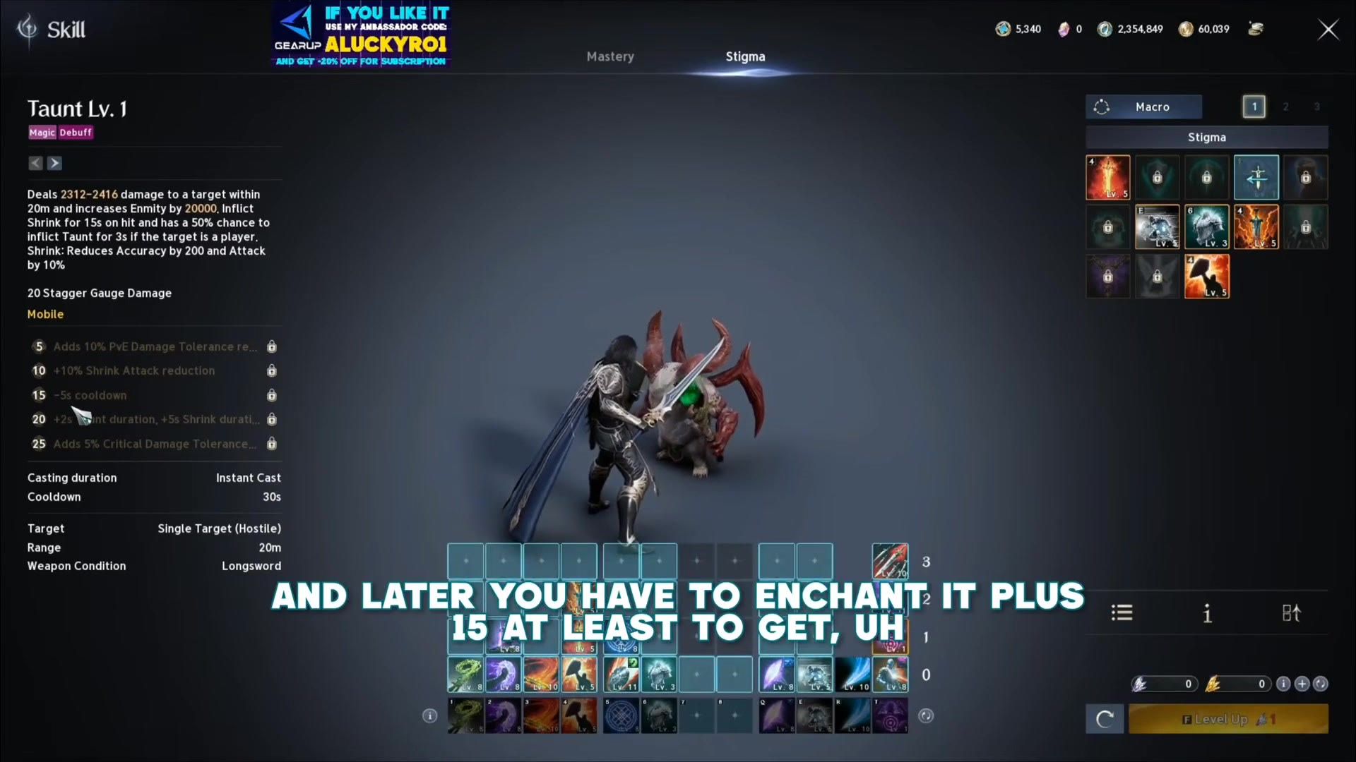 the Taunt stigma page showing its enmity gain and thirty second cooldown