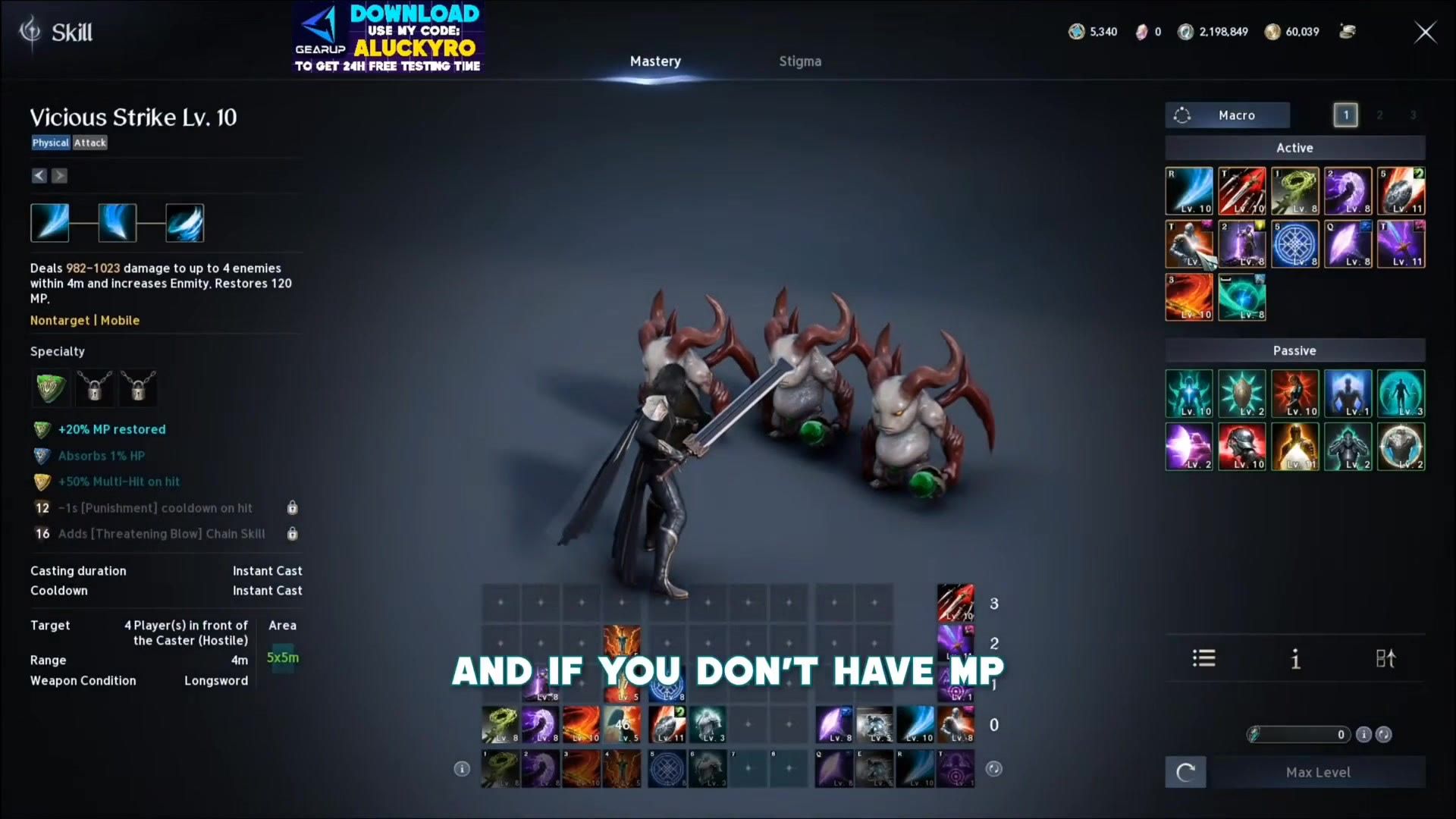 the Vicious Strike skill page with the plus twenty percent mana restored specialty